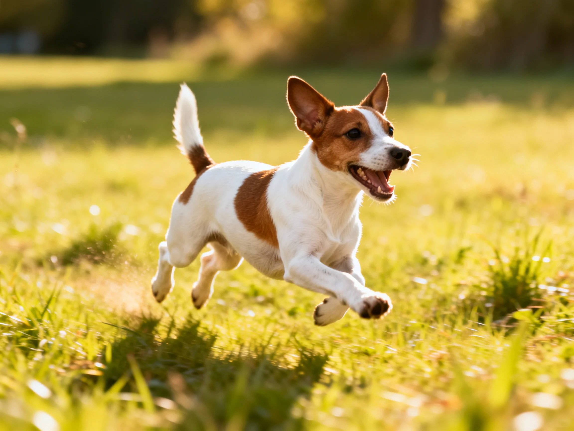A brown and white dog dashes across sunlit grass in a park.