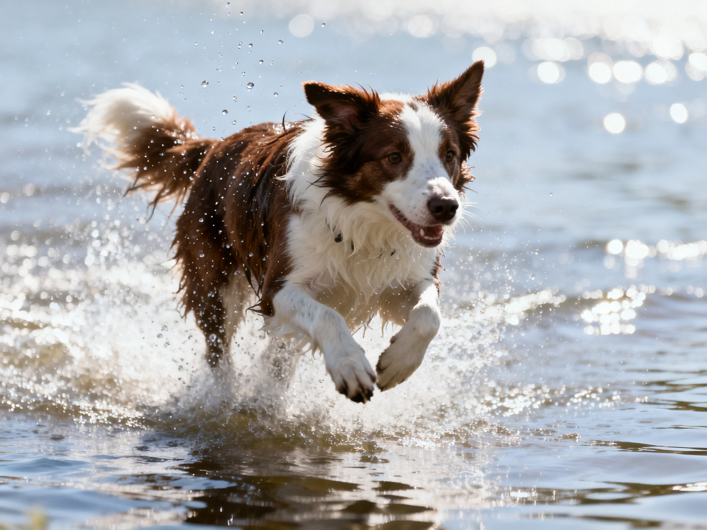 A brown and white dog joyfully splashing through shallow water under bright sunlight