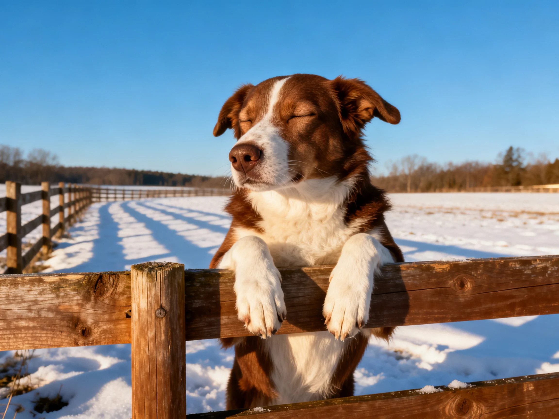 A brown and white dog leans over a wooden fence in a snowy landscape