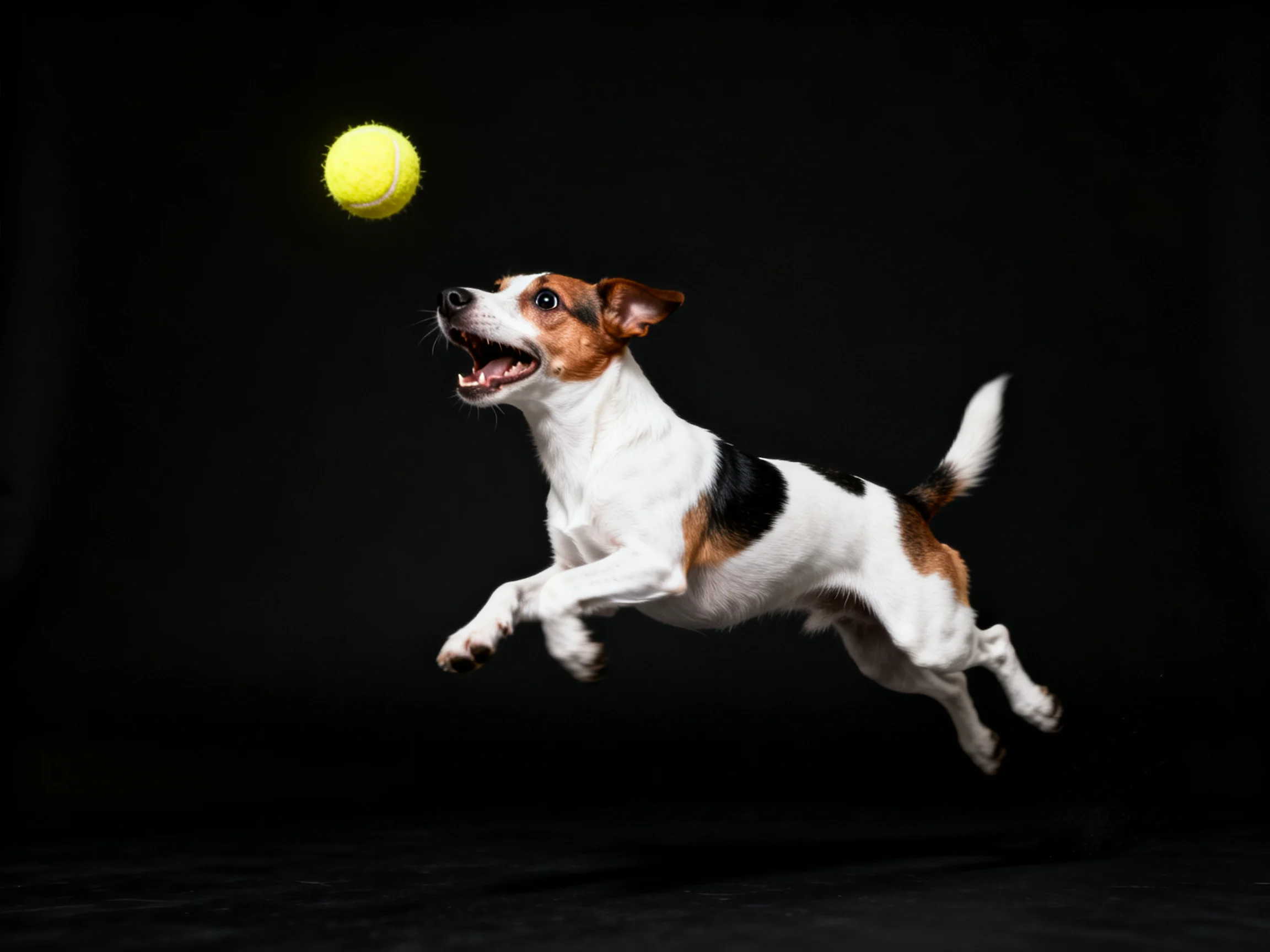 A brown and white dog jumps to catch a yellow tennis ball