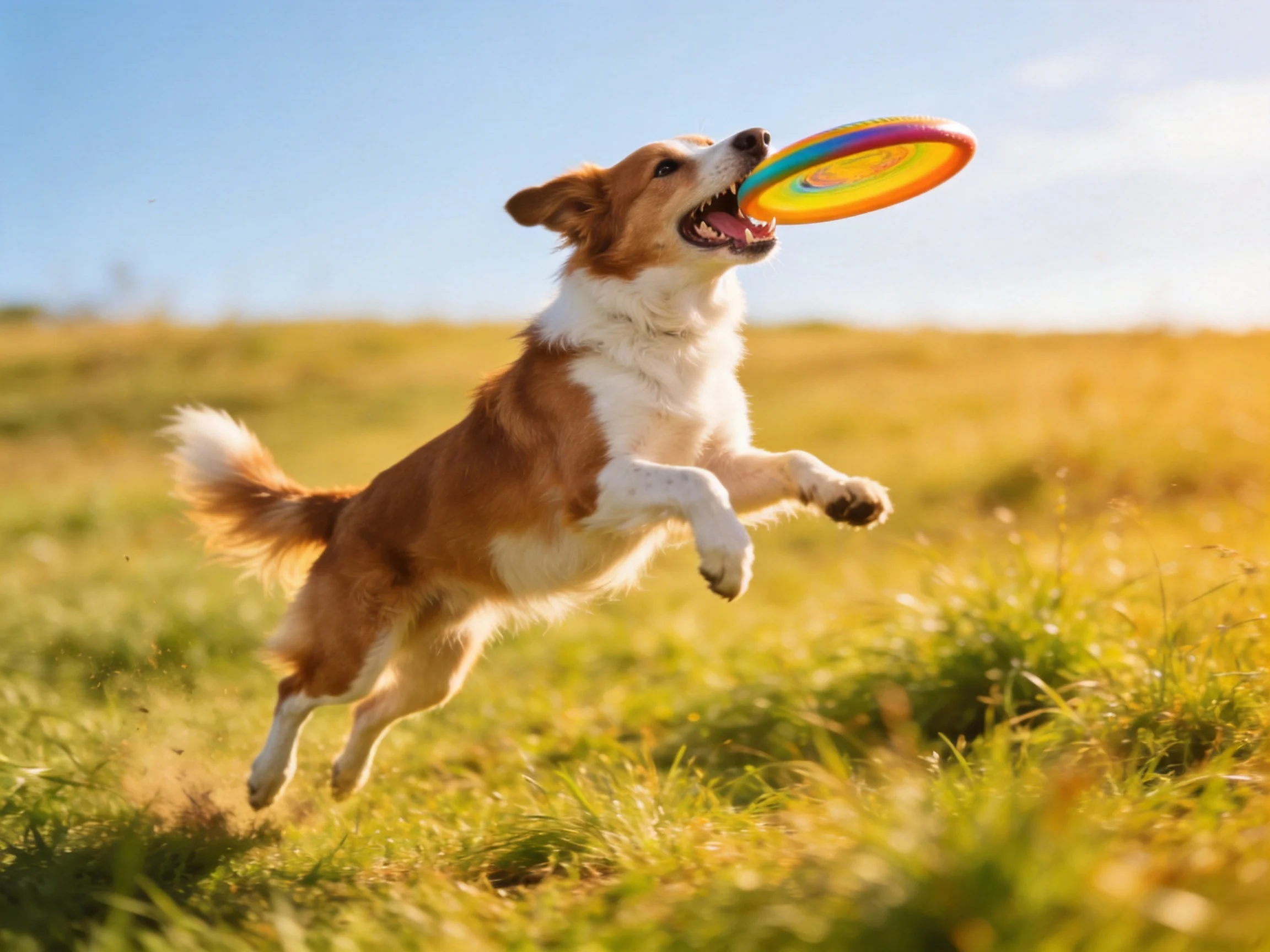 A brown and white dog jumps to catch a colorful frisbee in a sunlit field.