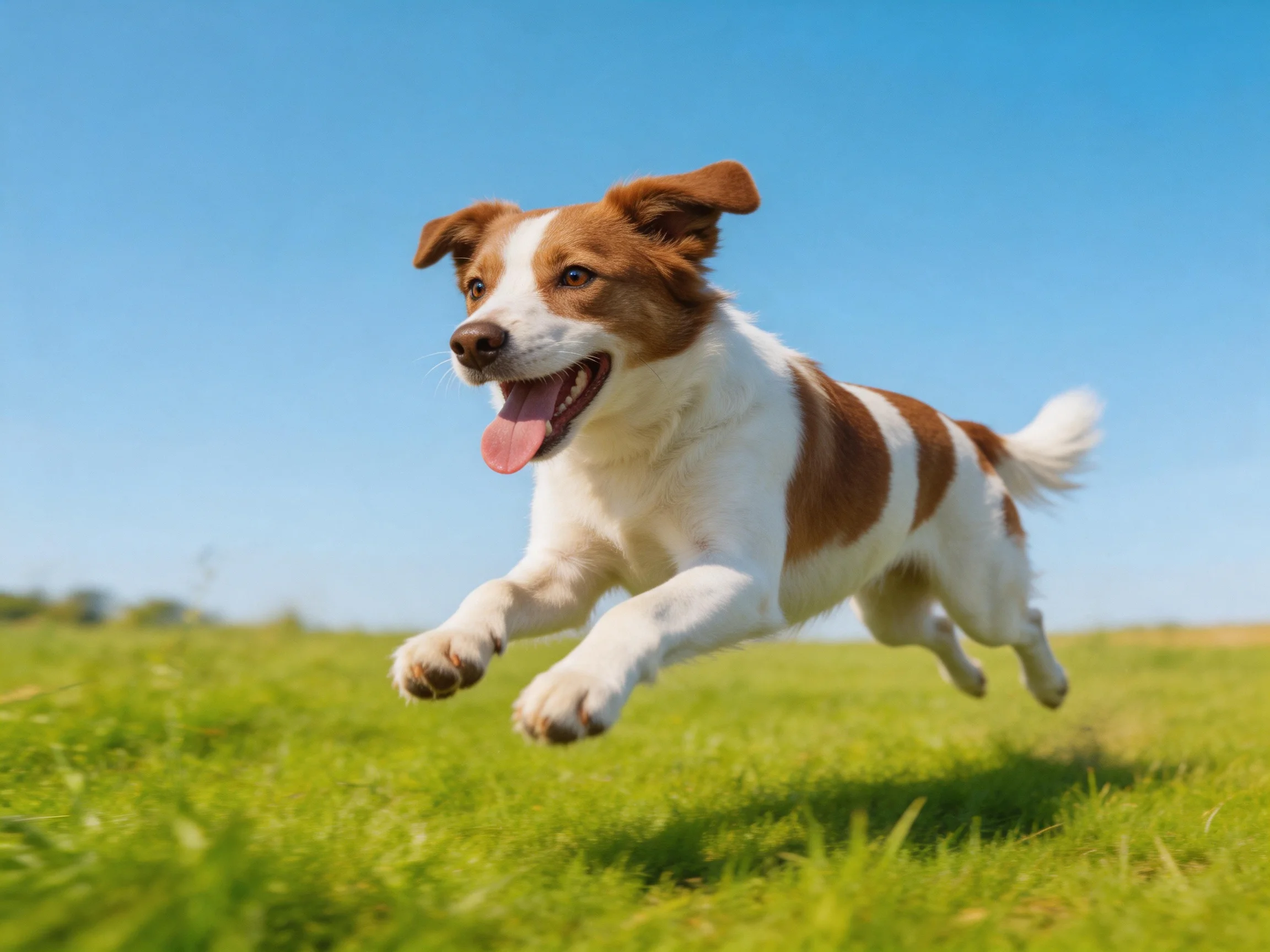 A brown and white dog leaps joyfully over a lush green meadow