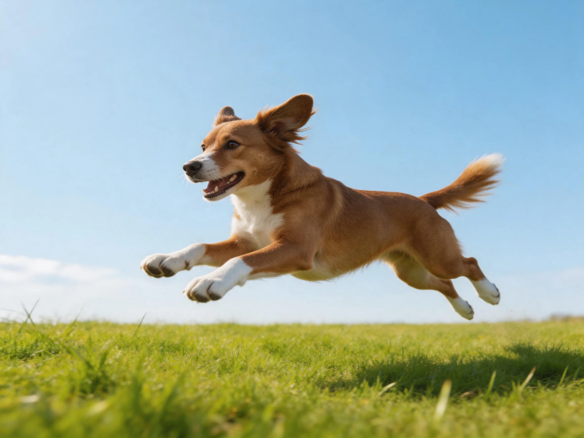 A brown and white dog leaps over lush green grass under clear blue sky