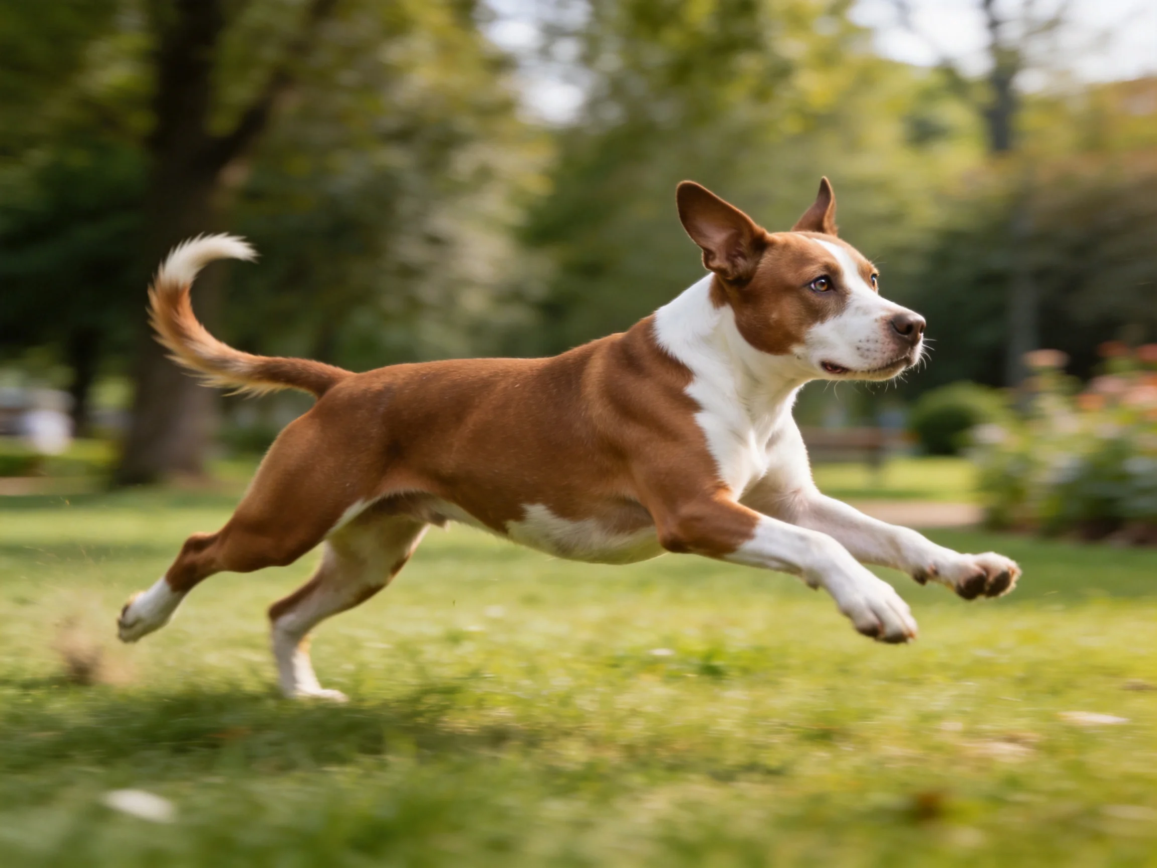 A brown and white dog leaps through a sunlit green park