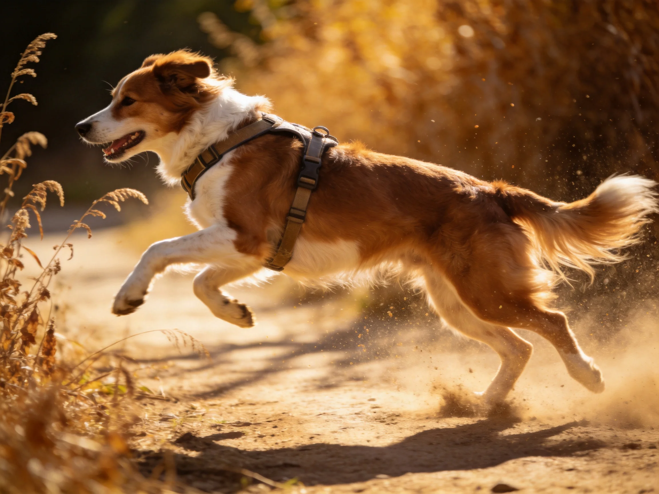 A brown and white dog leaps through golden dust on a dirt trail