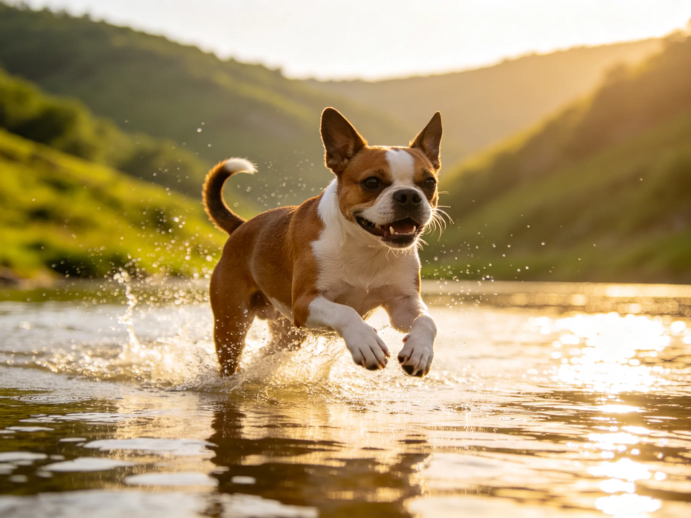A brown and white dog leaps through shallow water near green hills