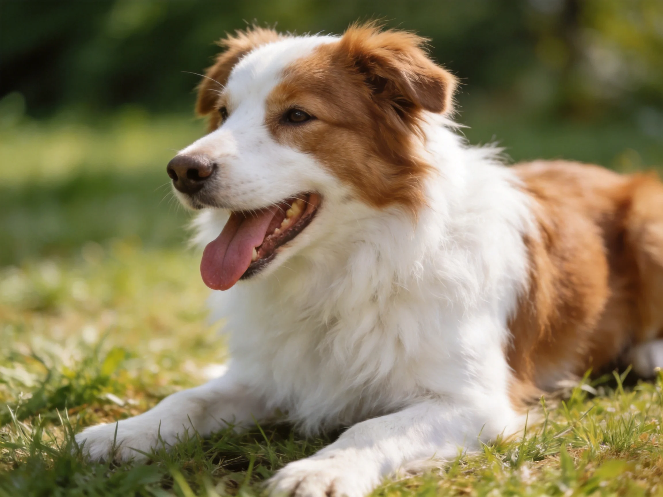 A brown and white dog lies comfortably on sun-dappled grass
