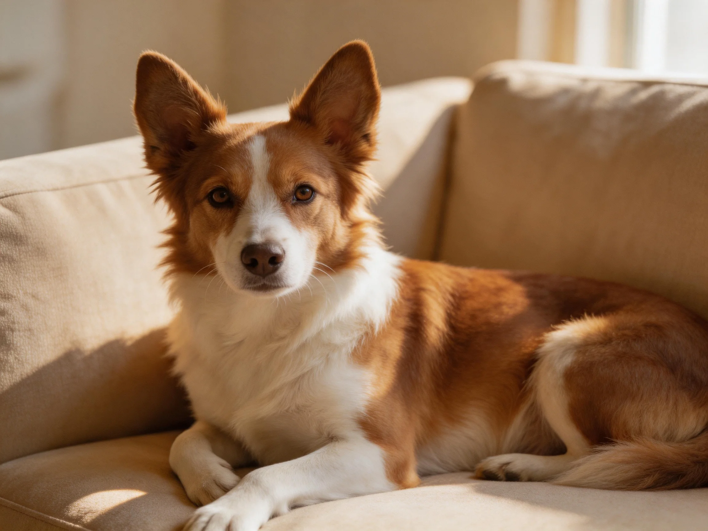 A brown and white dog lounges on a beige couch in warm sunlight