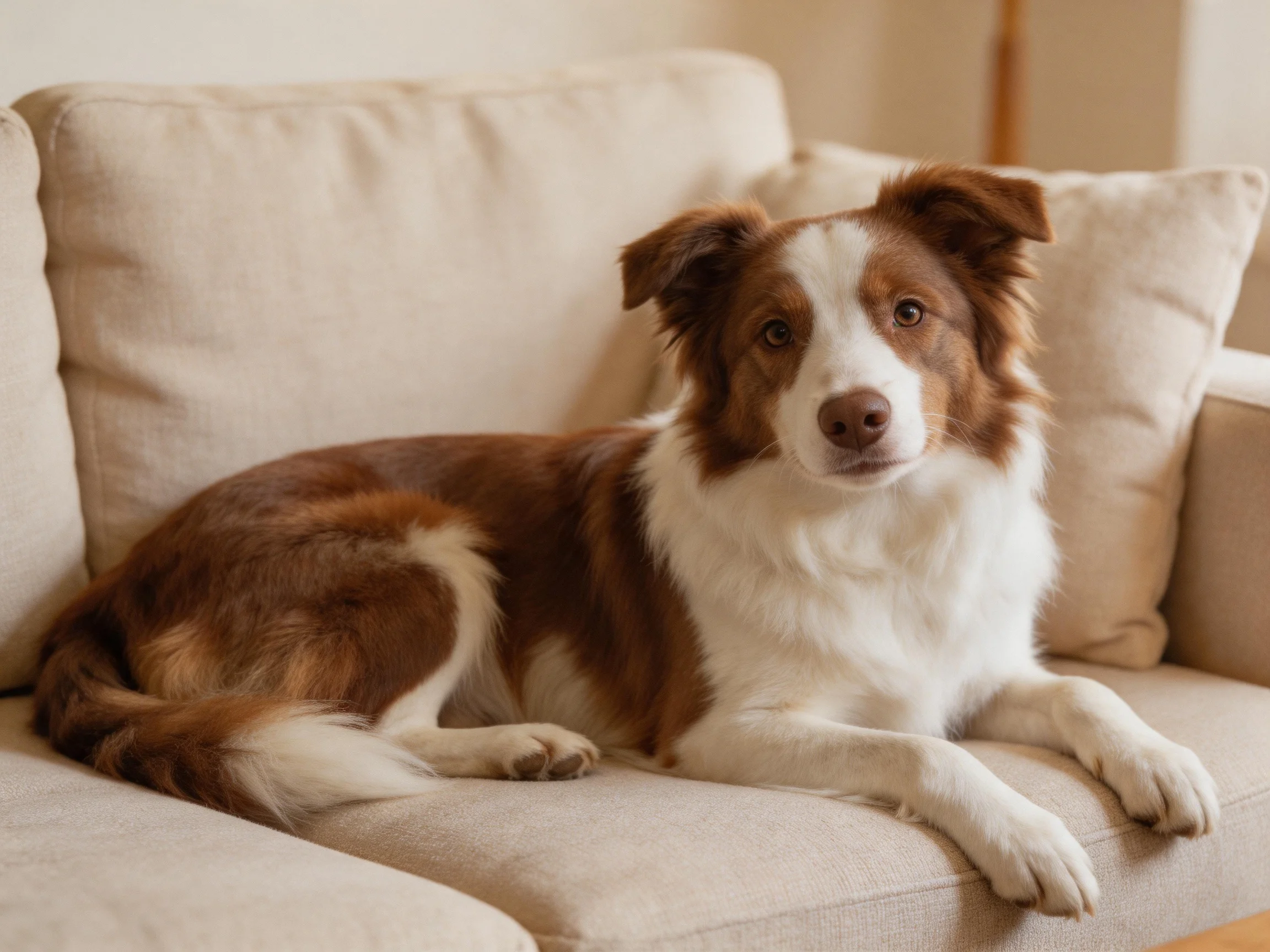 A brown and white dog lounges on a plush beige sofa