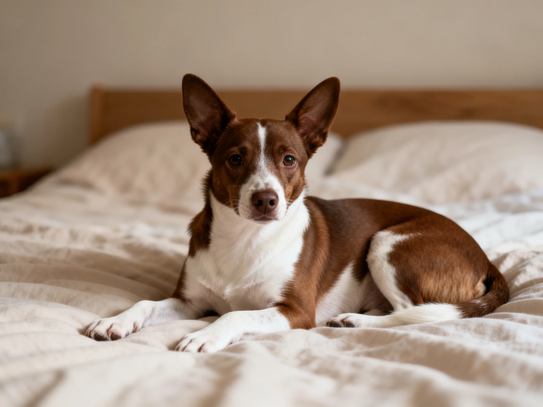 A brown and white dog rests on a bed with soft sheets
