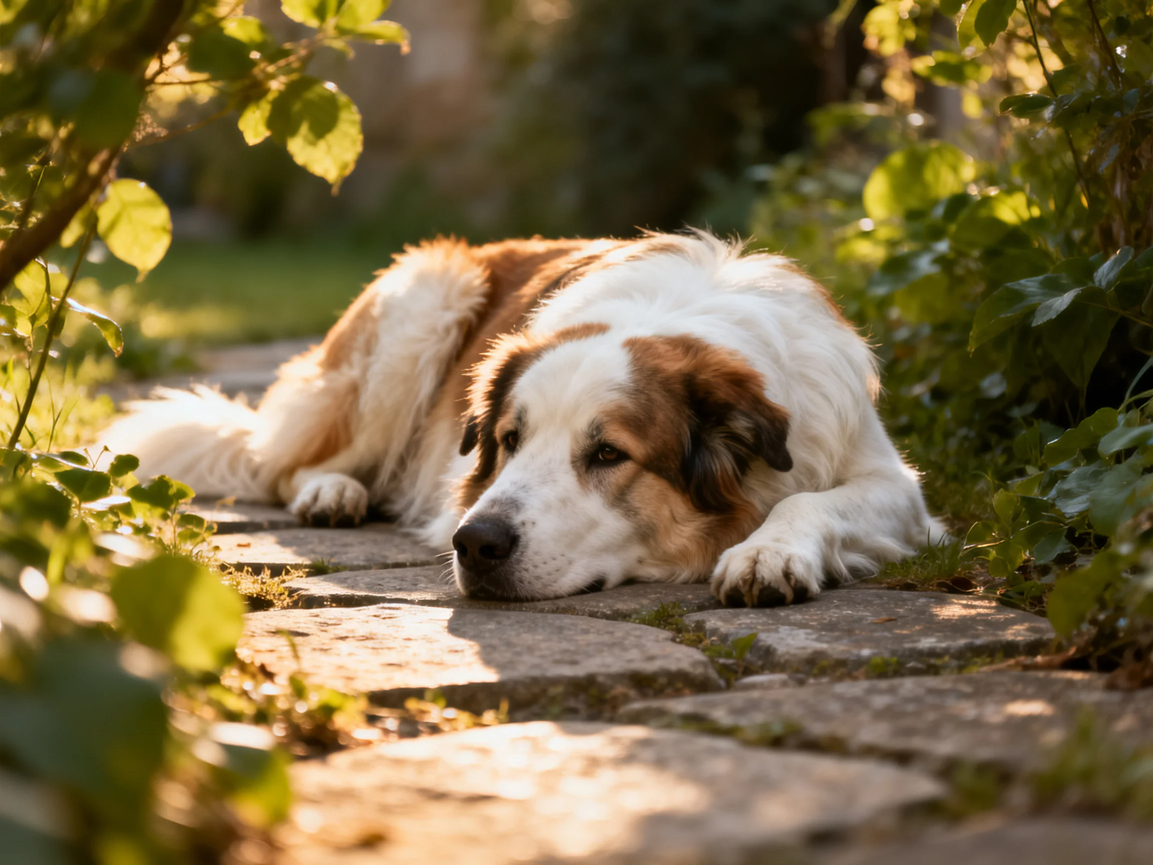 A brown and white dog lounges on a sun-drenched stone pathway bordered by foliage