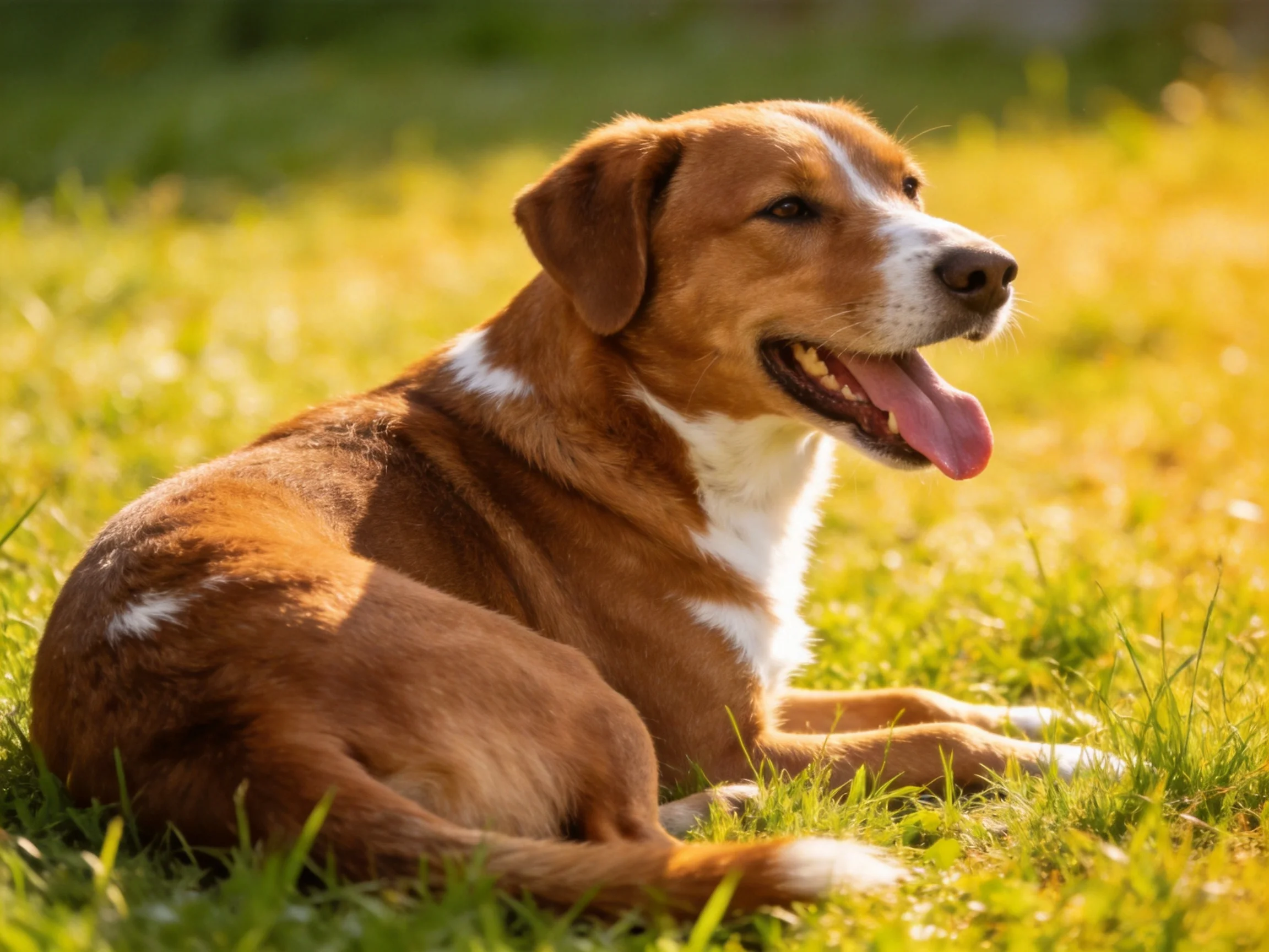 A brown and white dog rests peacefully on grass in bright sunlight.