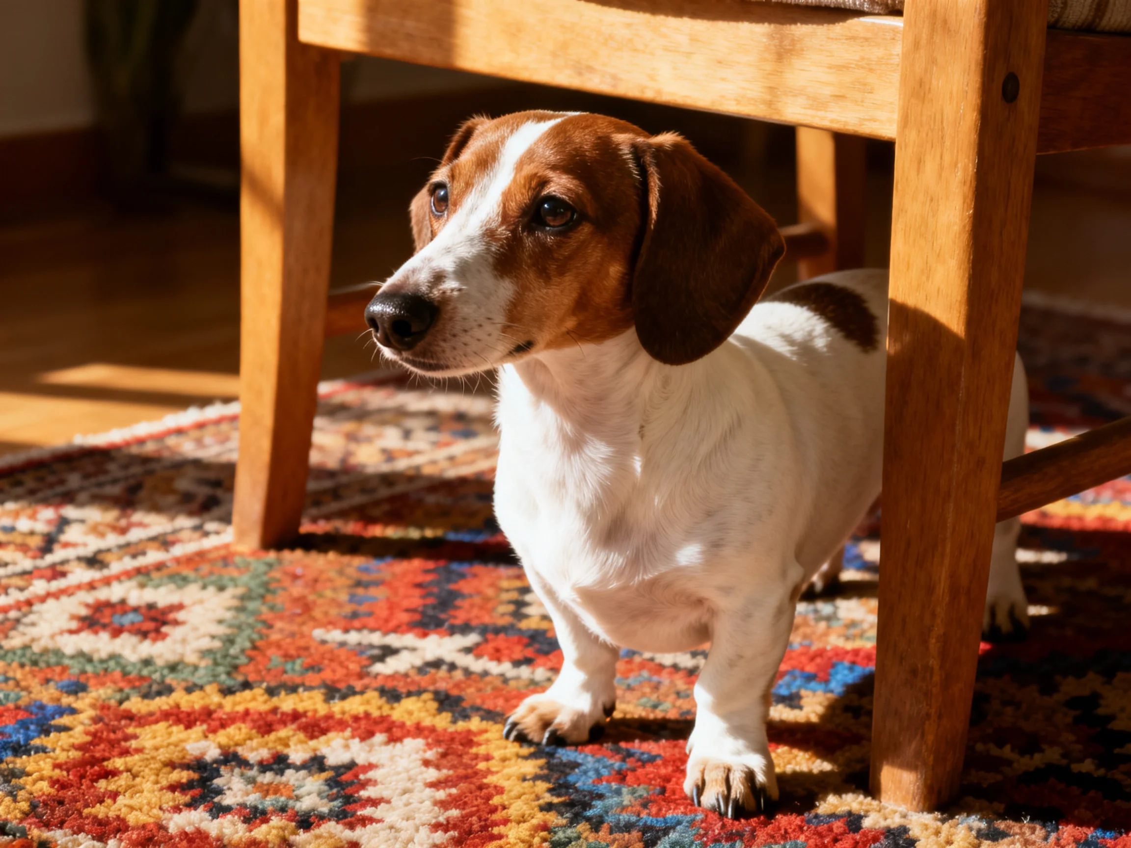 A brown and white dog near a wooden chair on a colorful patterned rug