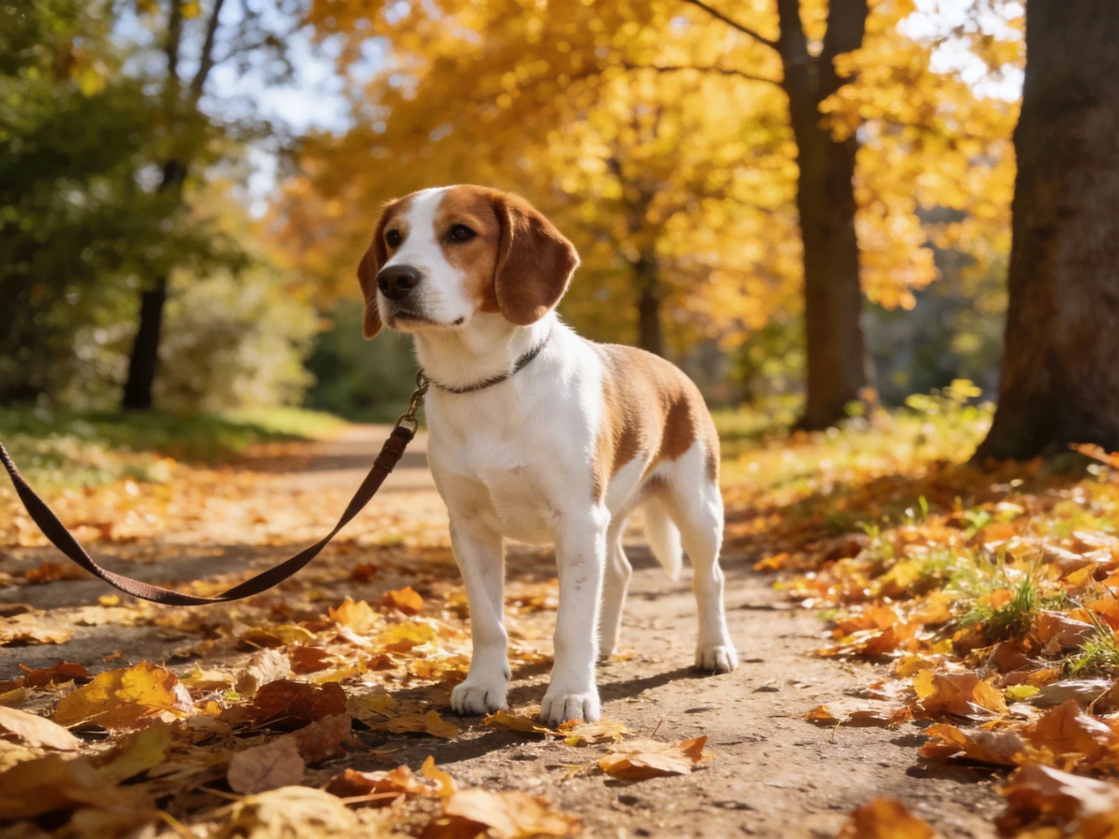 A brown and white dog stands on a leaf-strewn path in an autumnal park.