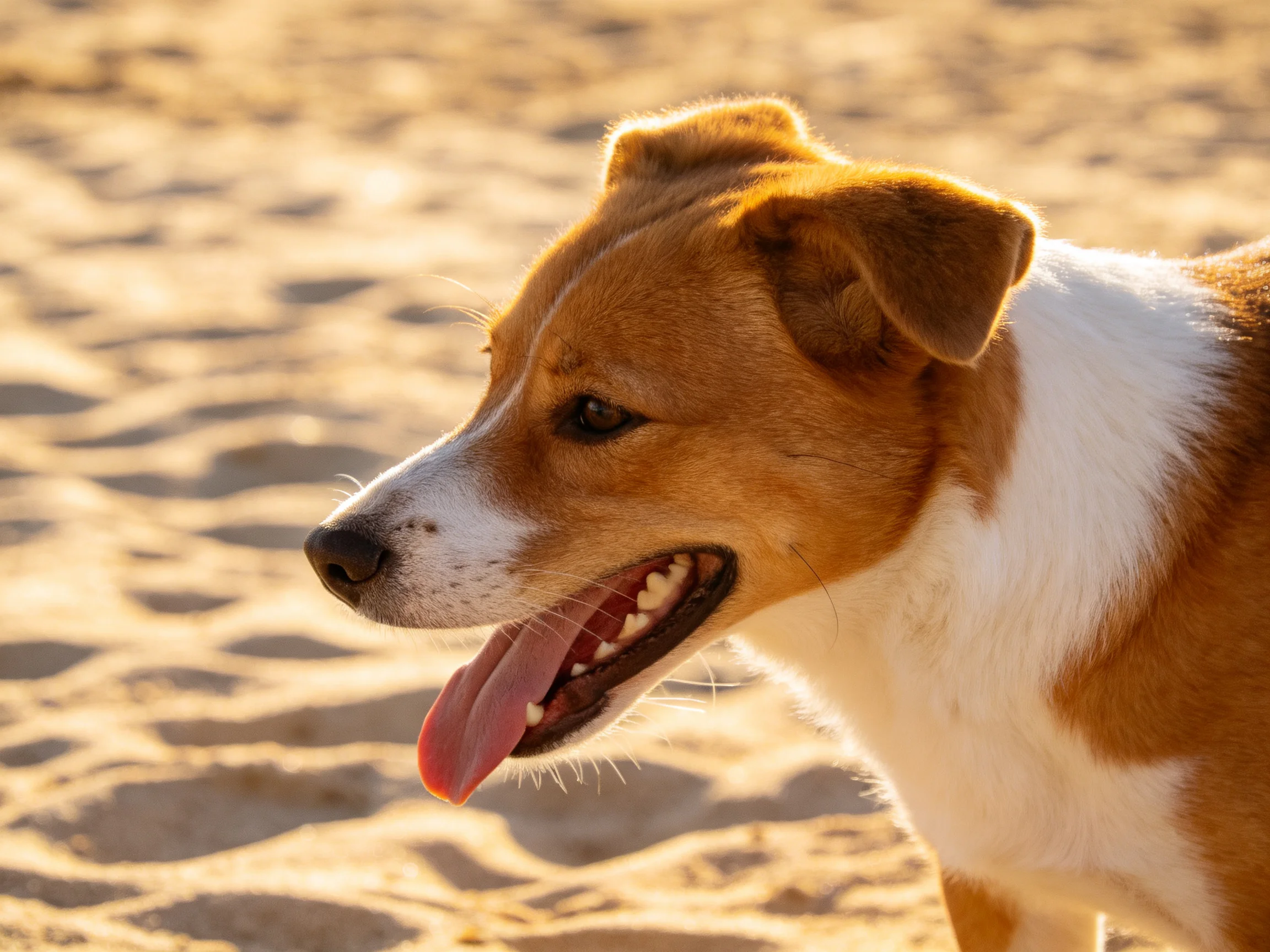 A brown and white dog on sunlit sandy ground