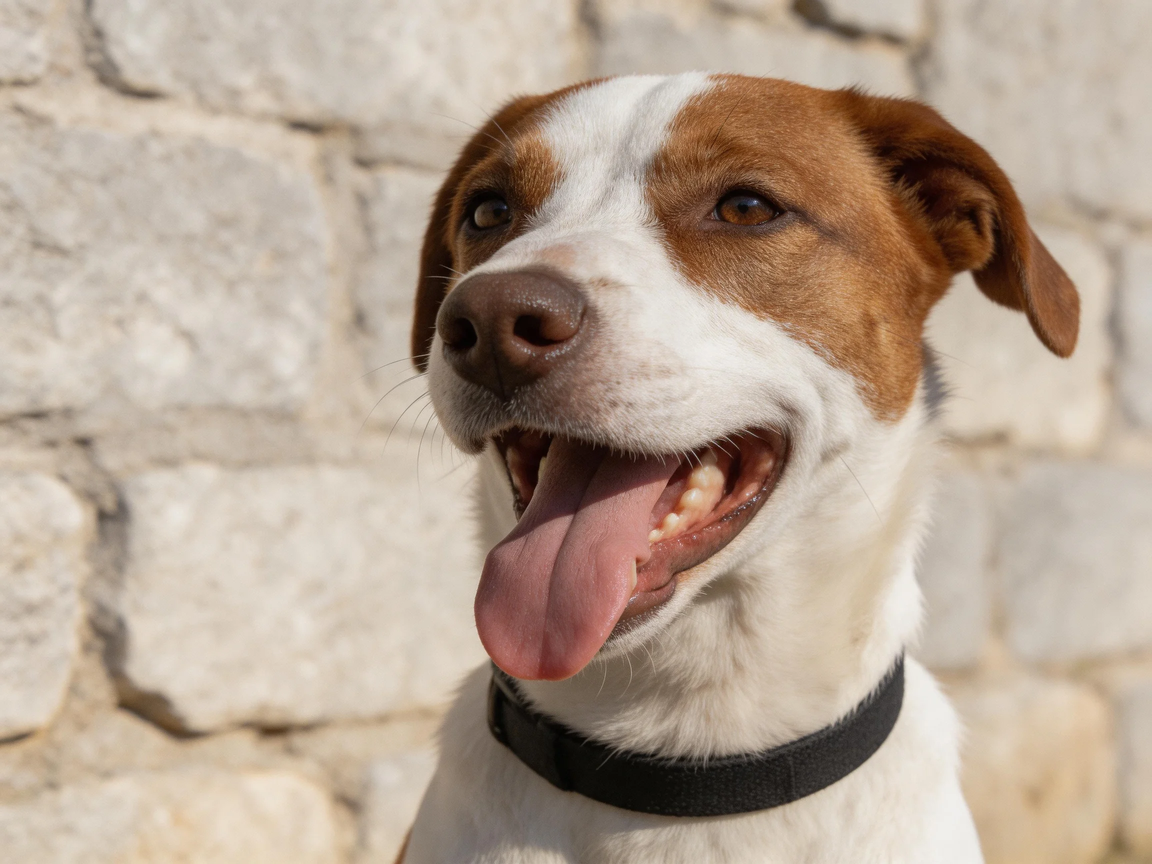 A brown and white dog panting beside a textured stone wall