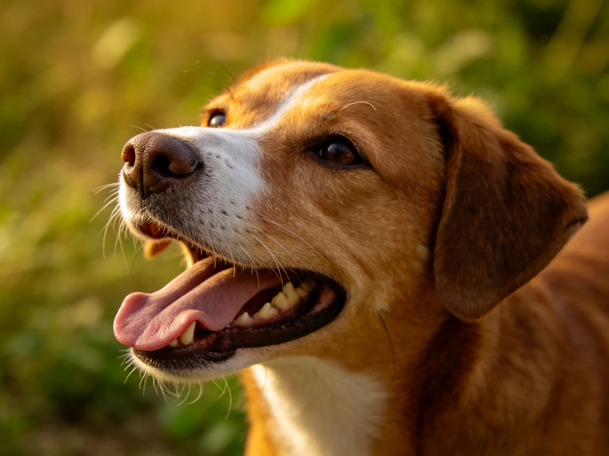 A brown and white dog panting in a sunlit natural setting