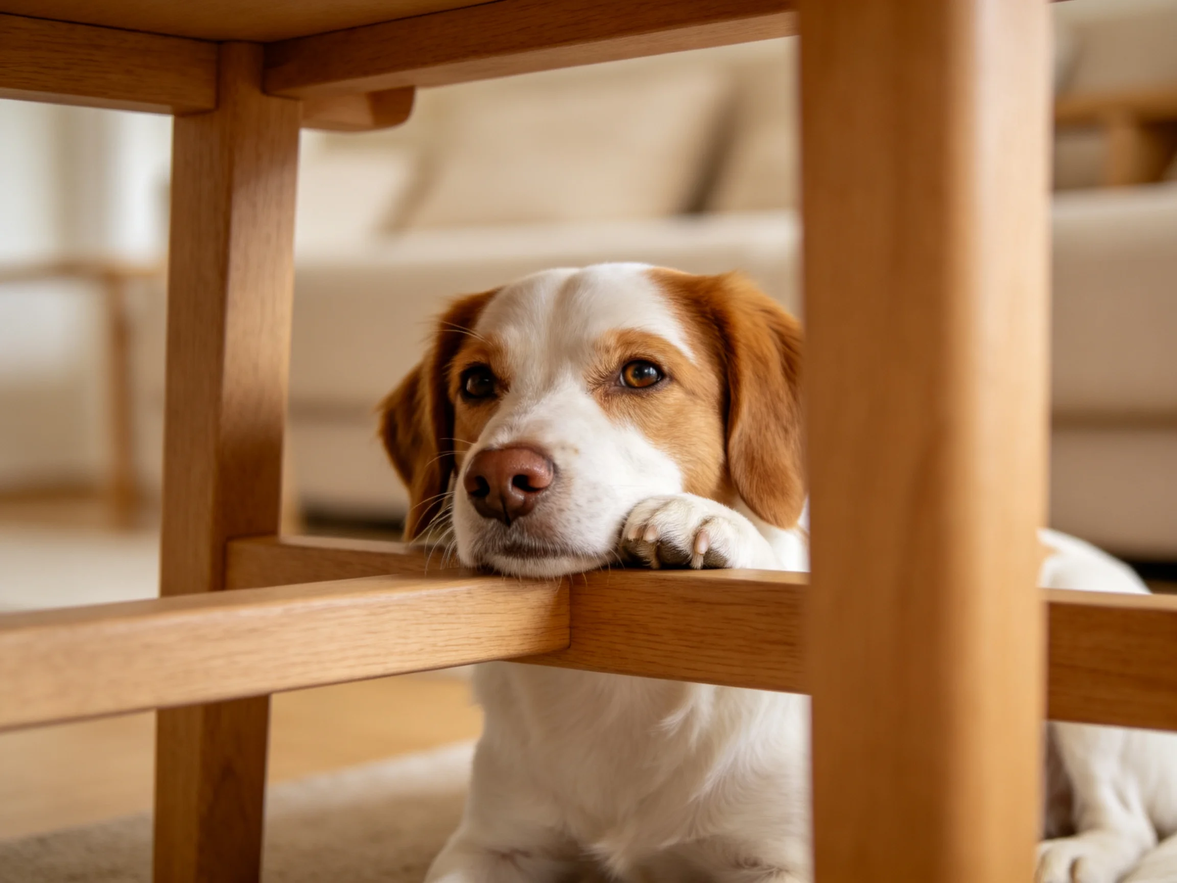 A brown and white dog peeks from beneath a wooden furniture frame