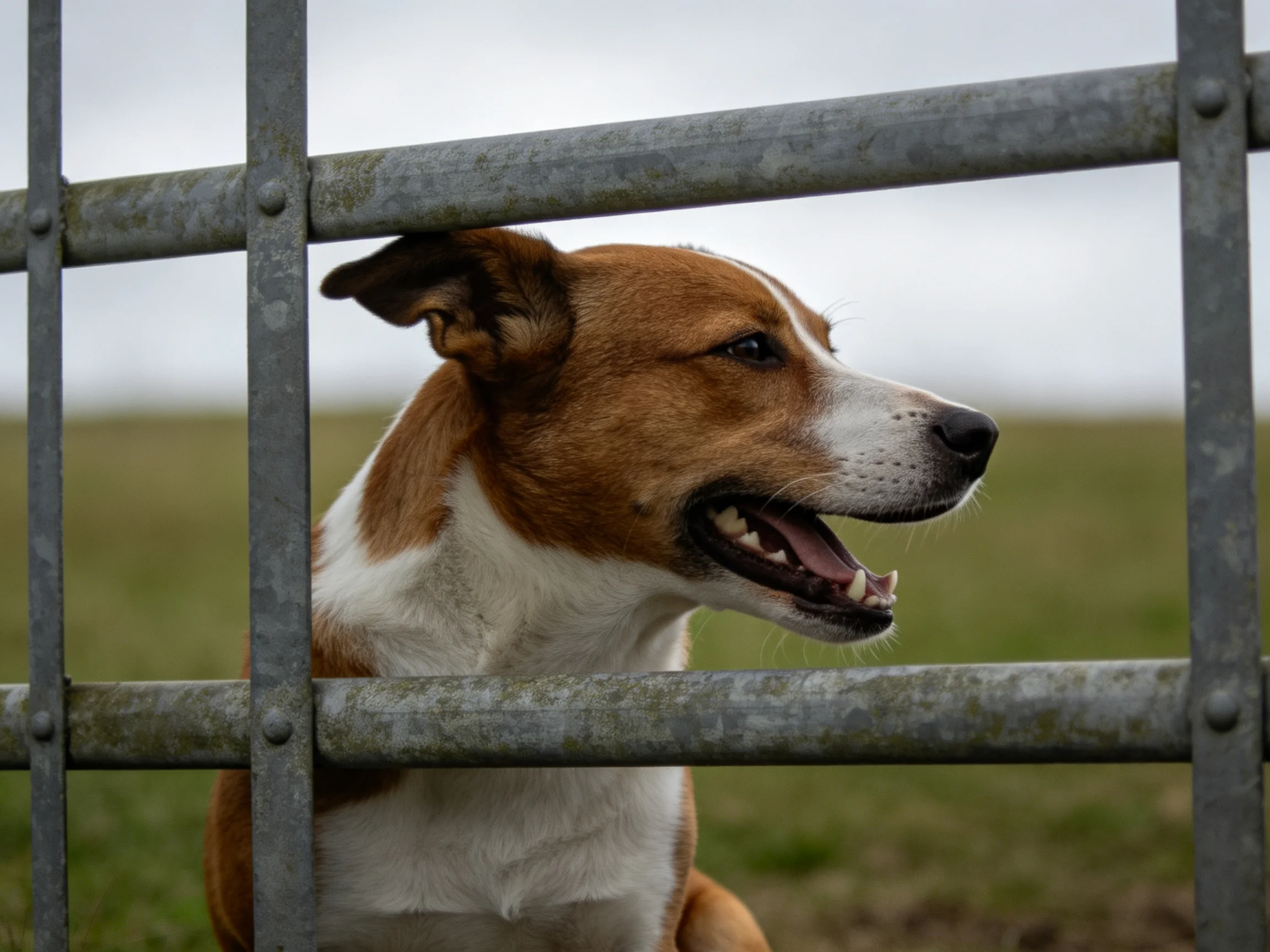 A brown and white dog peers through a weathered metal fence