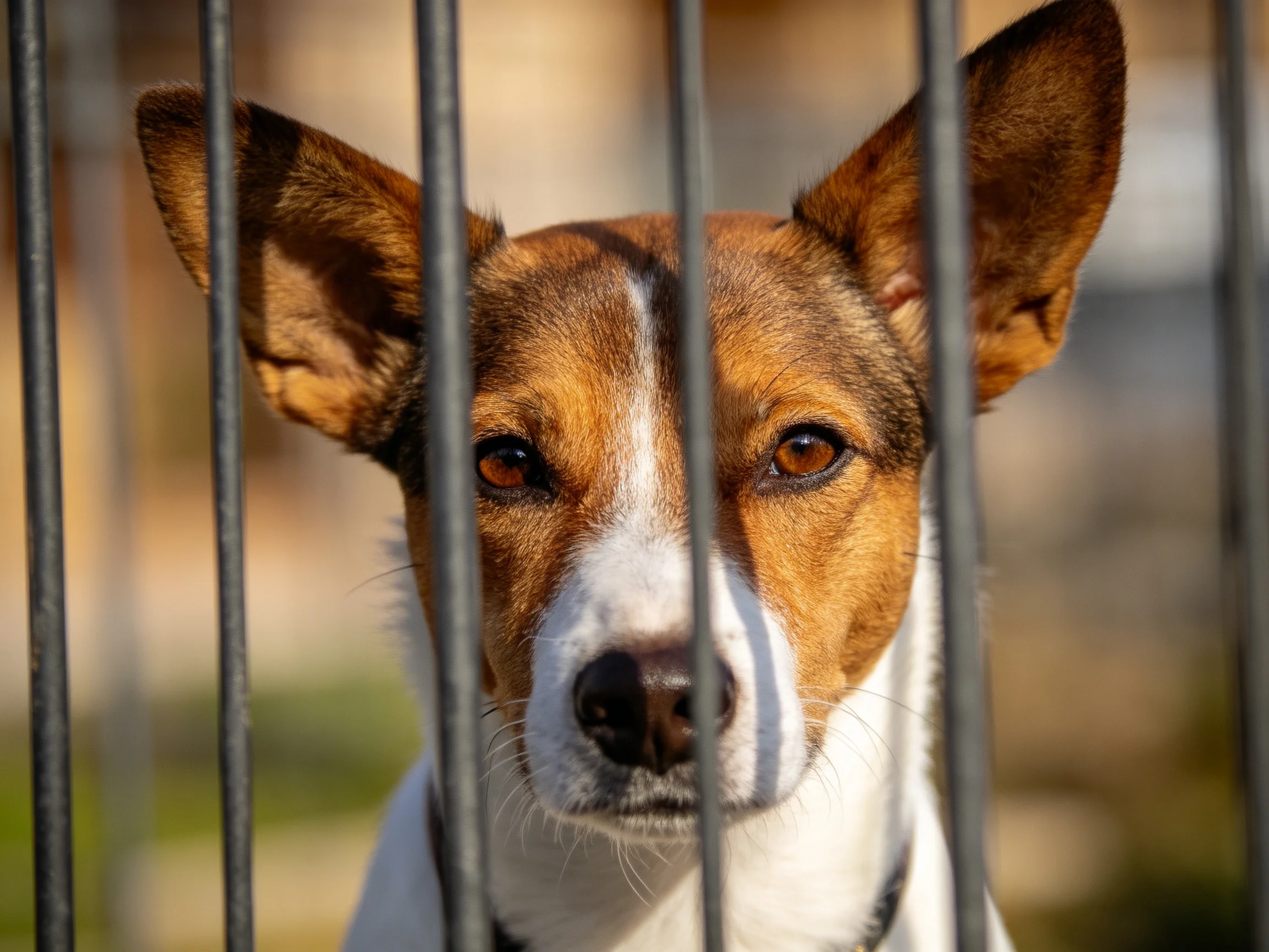 A brown and white dog peers through vertical metal bars