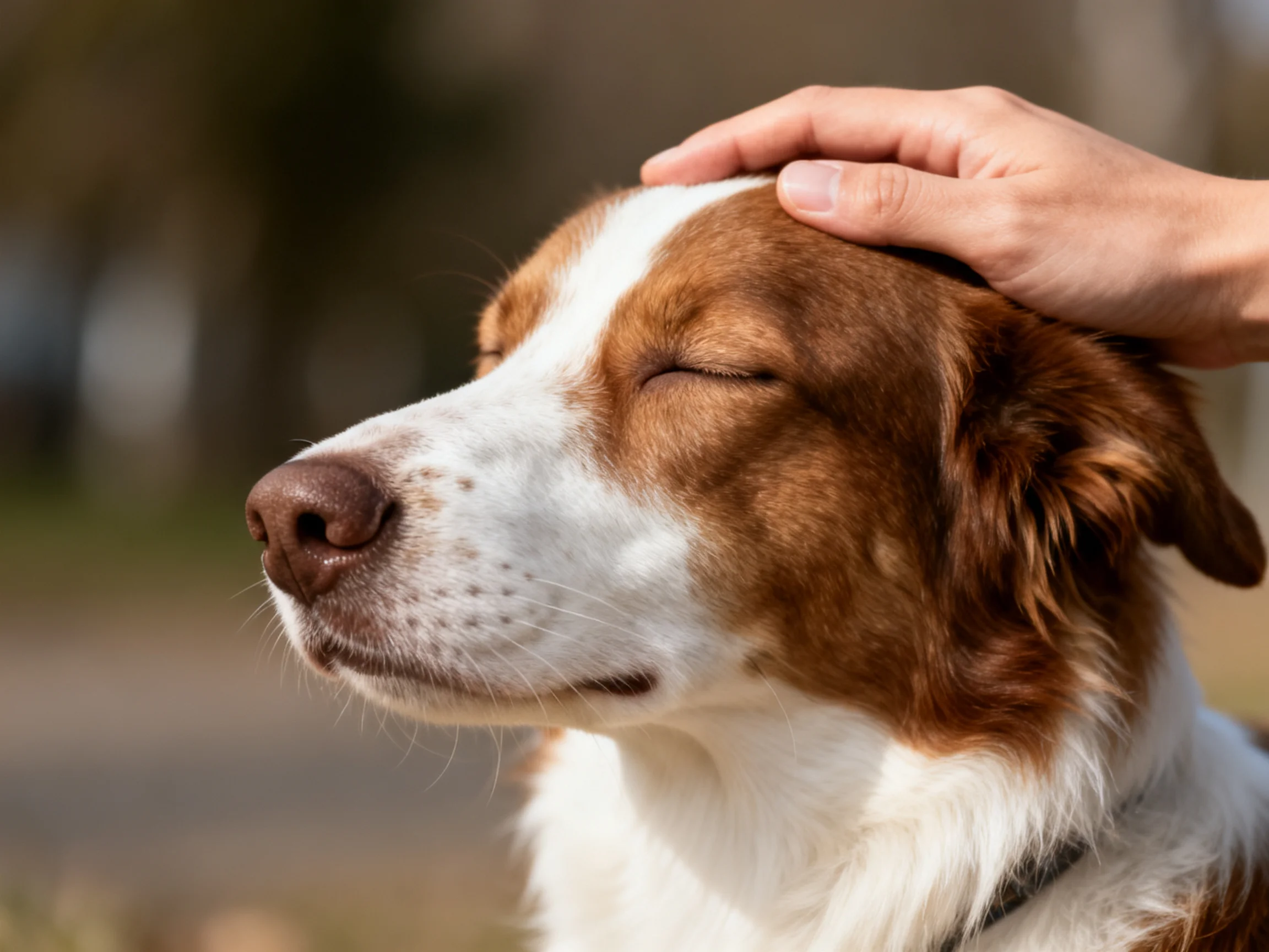 A brown and white dog receives a gentle hand caress outdoors