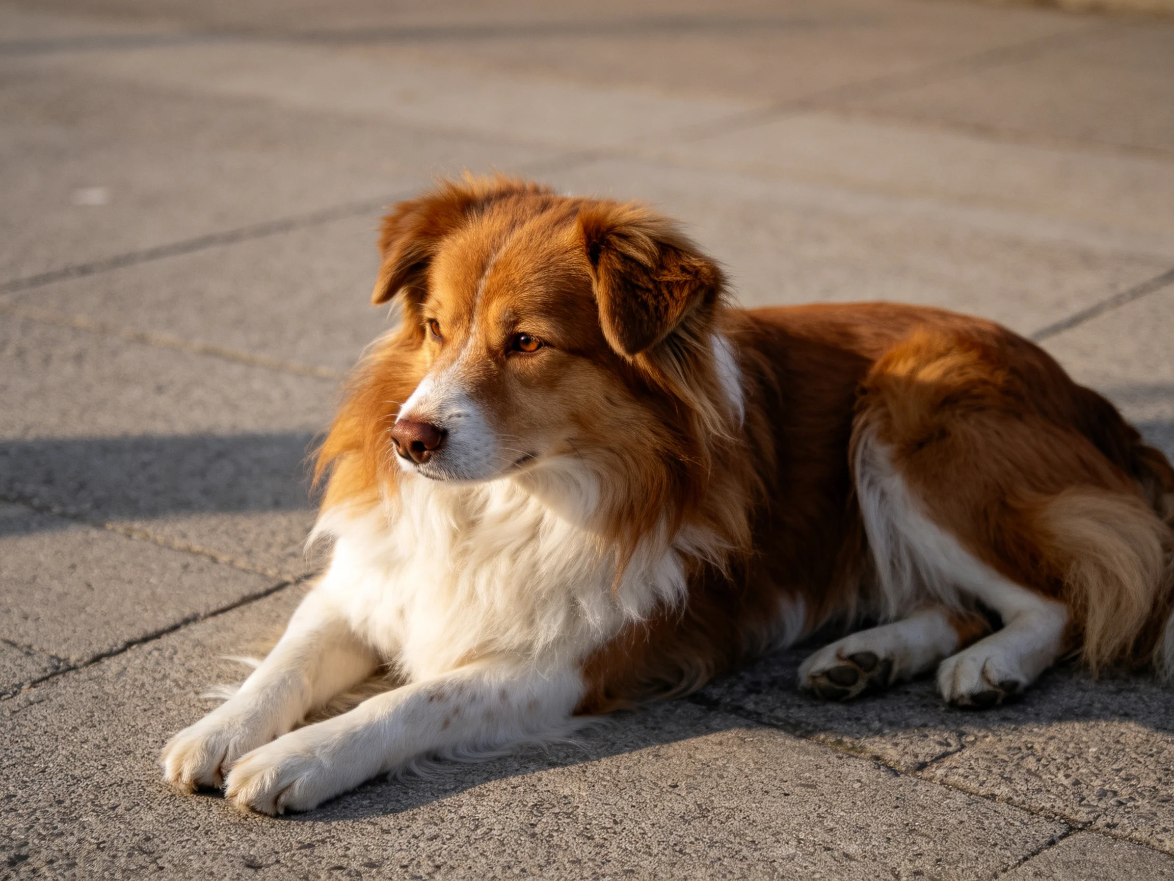 A brown-and-white dog relaxes on a sunlit paved area