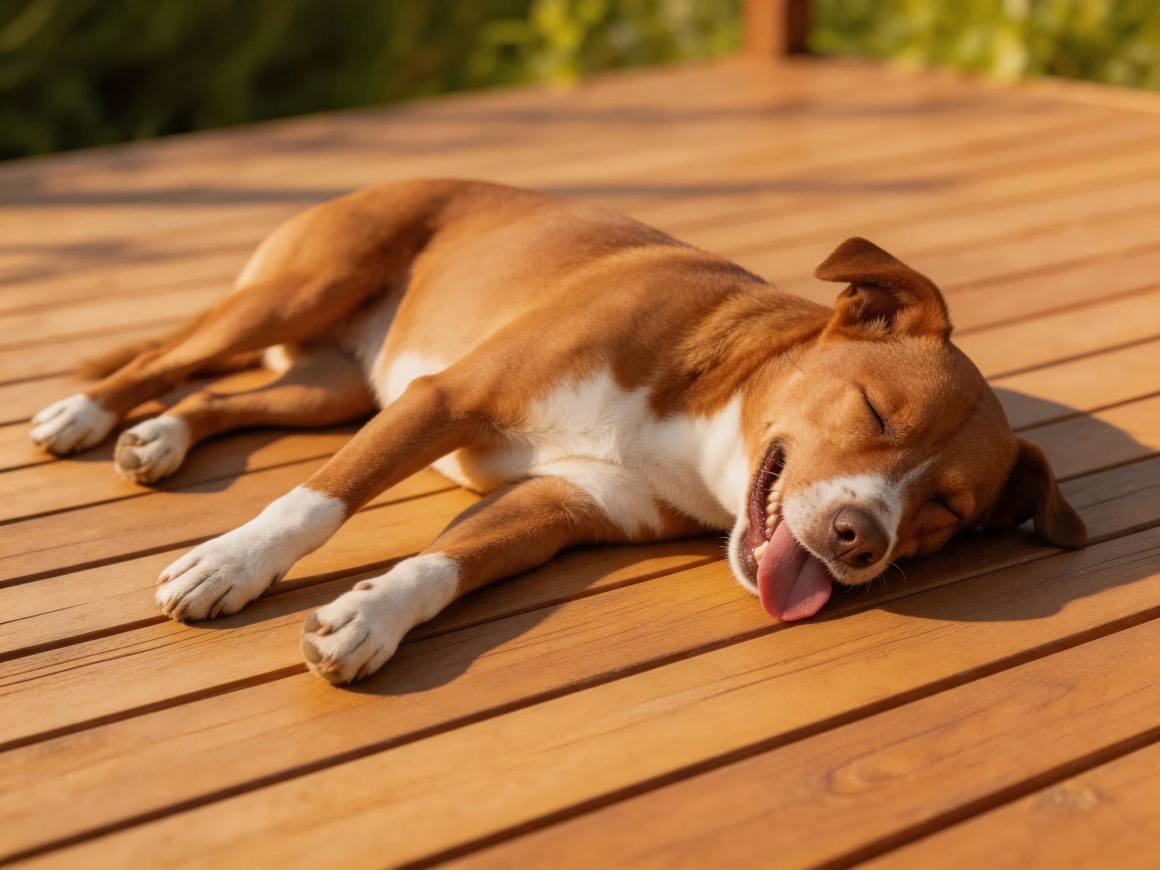 A brown and white dog relaxes on a wooden deck in bright sunlight.