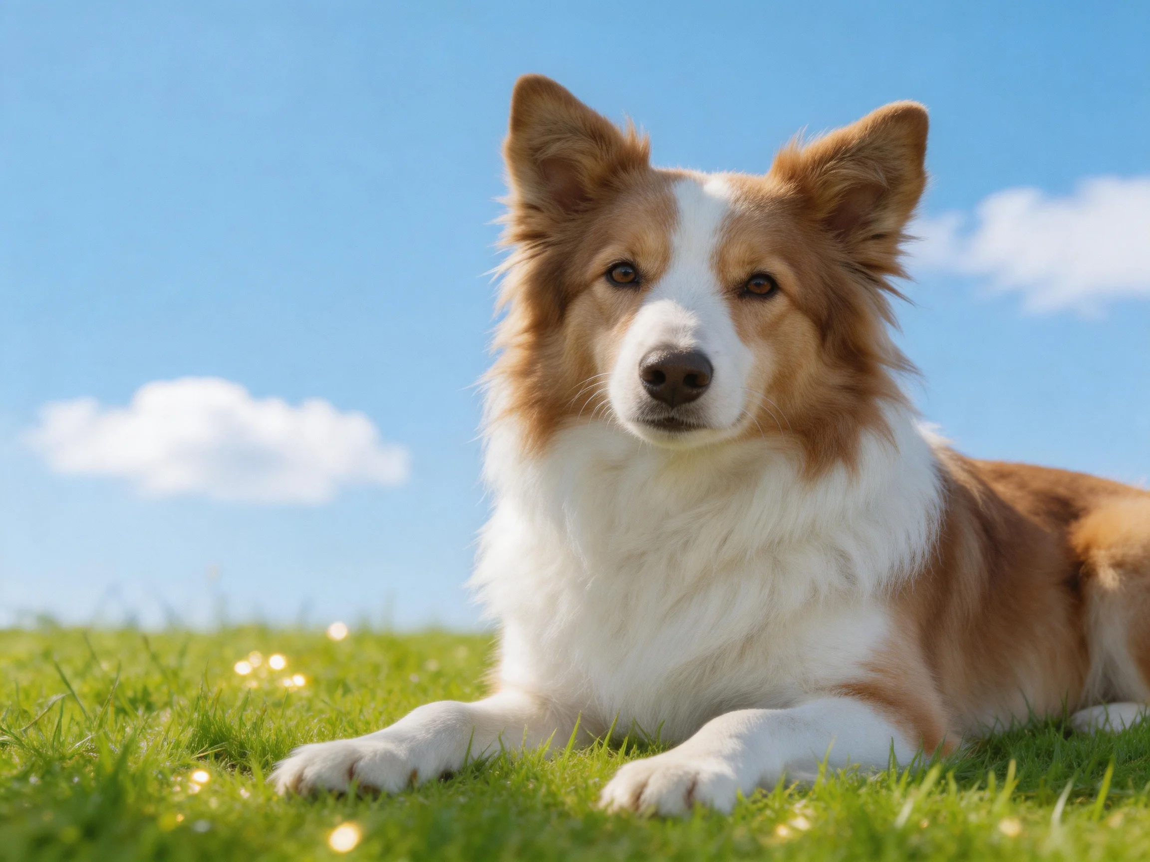 A brown and white dog relaxes on green grass under a bright blue sky