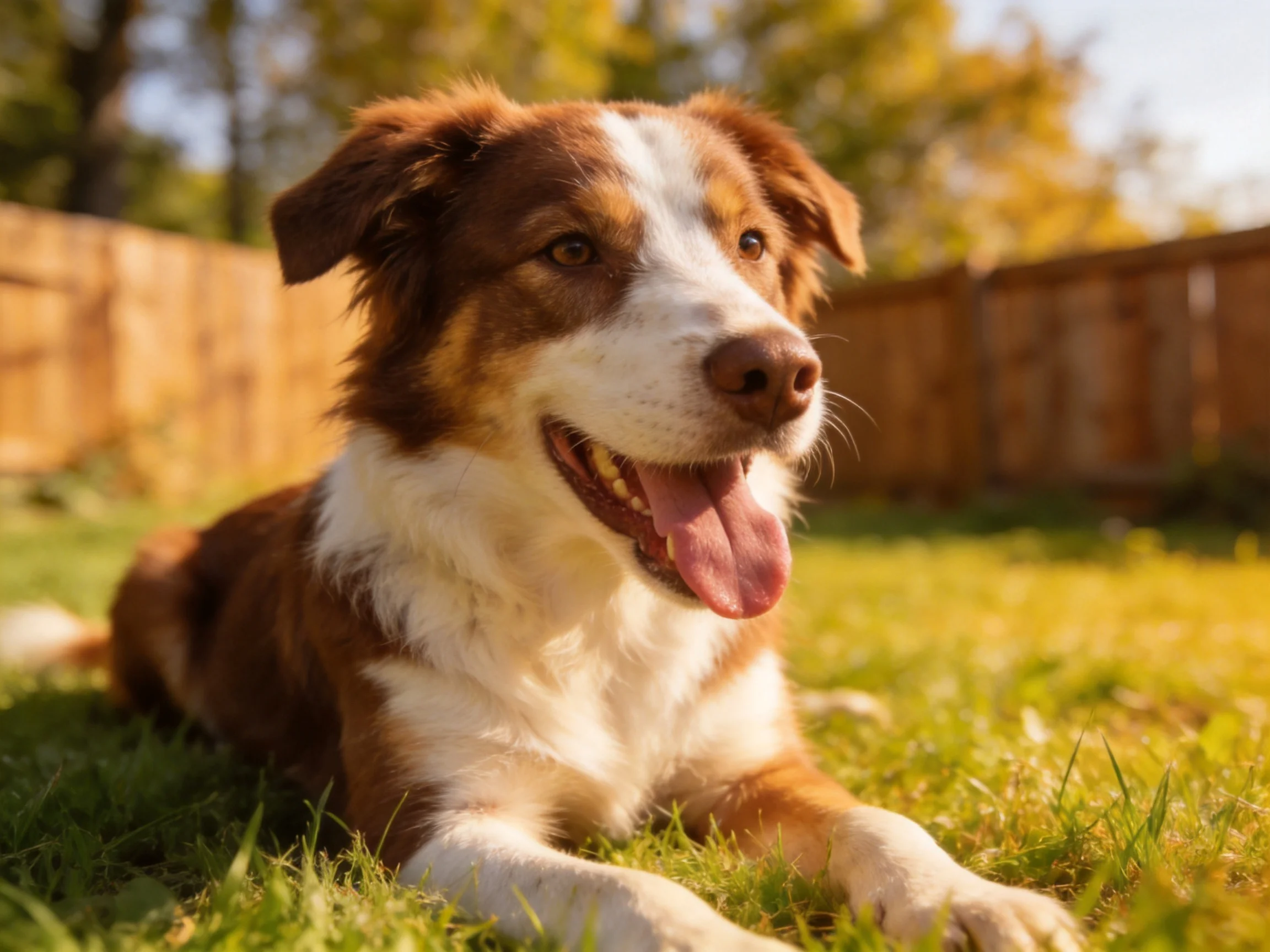 A brown and white dog relaxes on sunlit green grass near a wooden fence