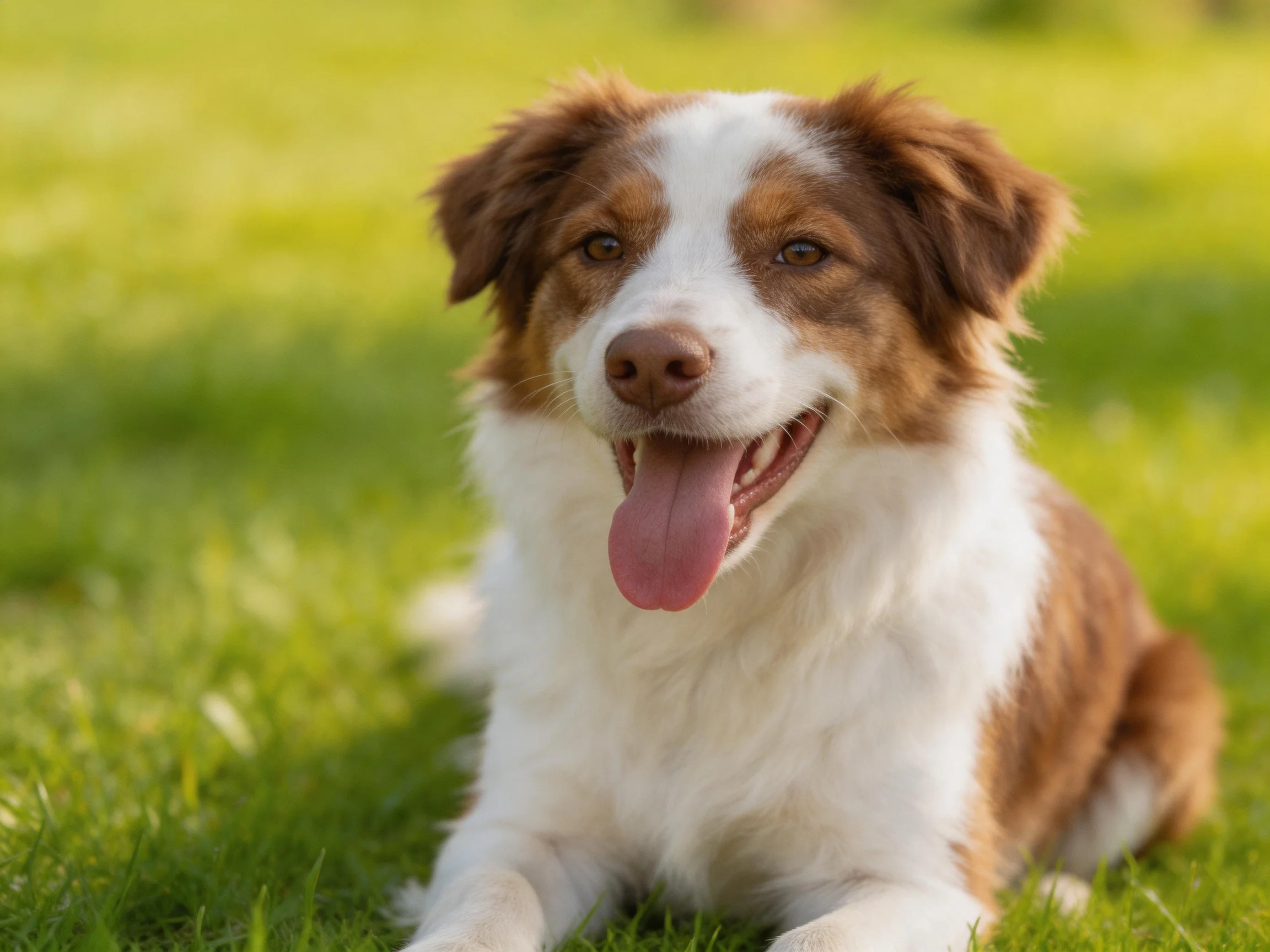 A brown and white dog relaxes on vibrant green grass