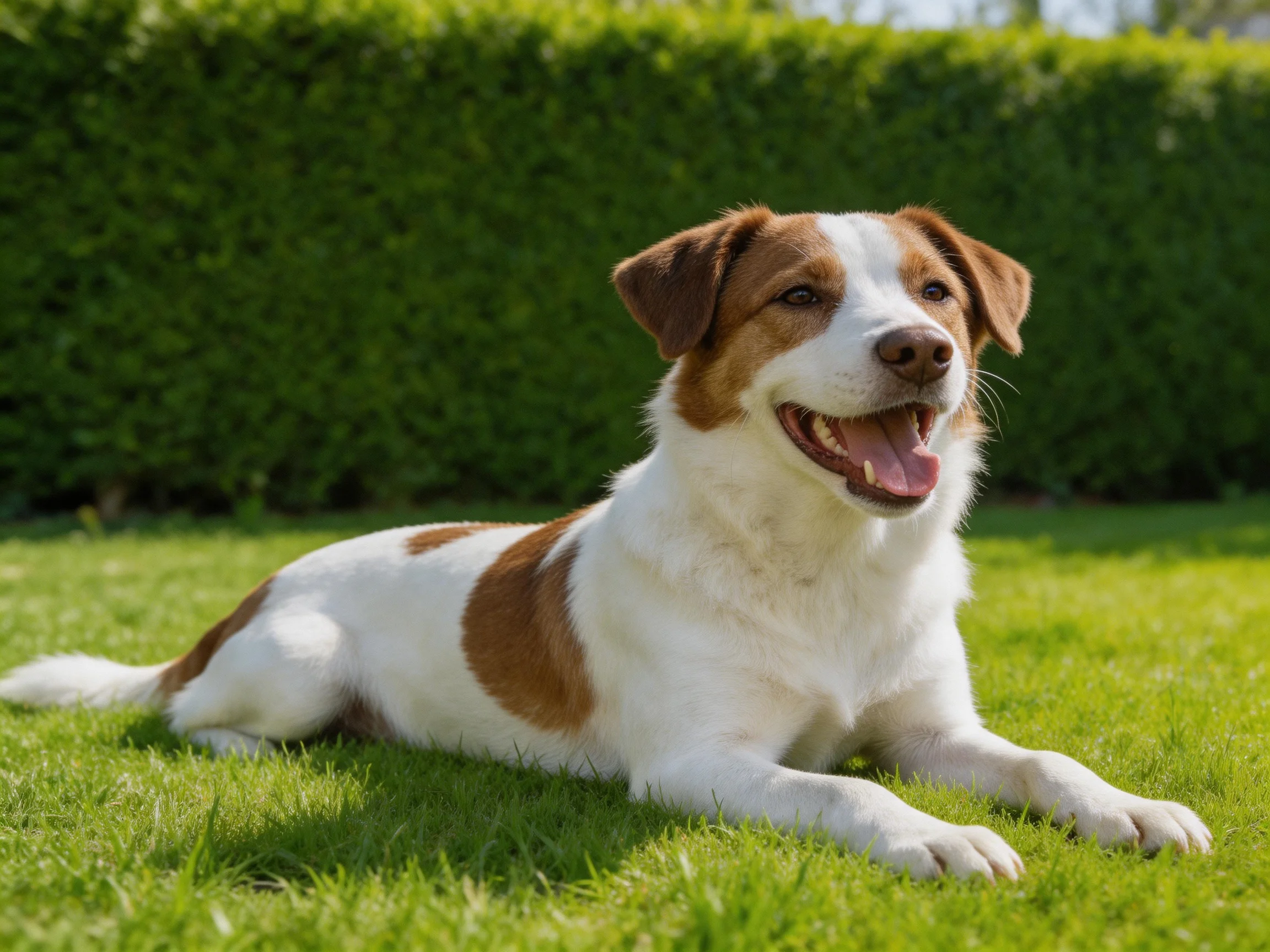 A brown and white dog relaxes on vibrant green grass near a dense hedge