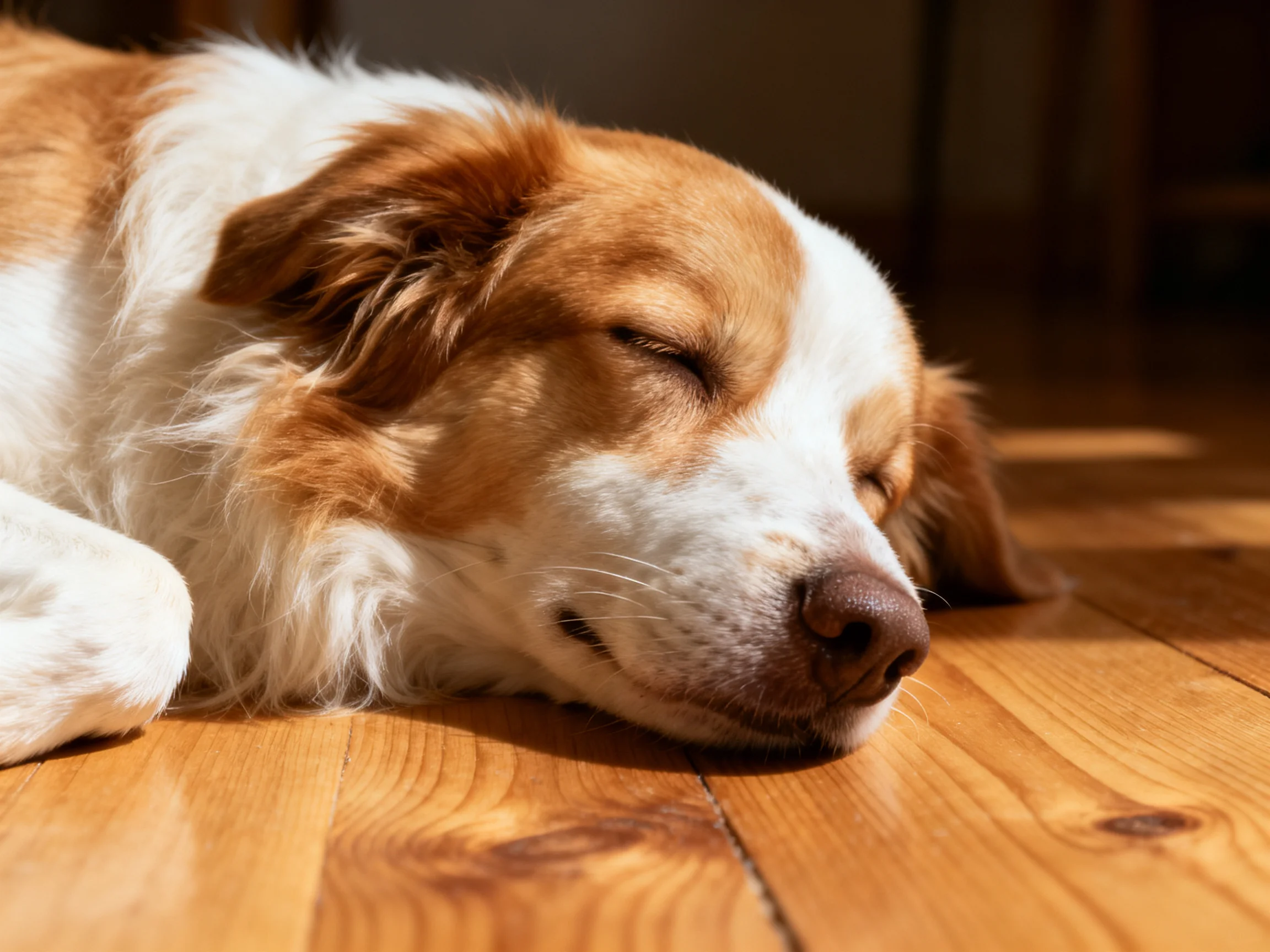 A brown and white dog sleeps on a wooden floor.
