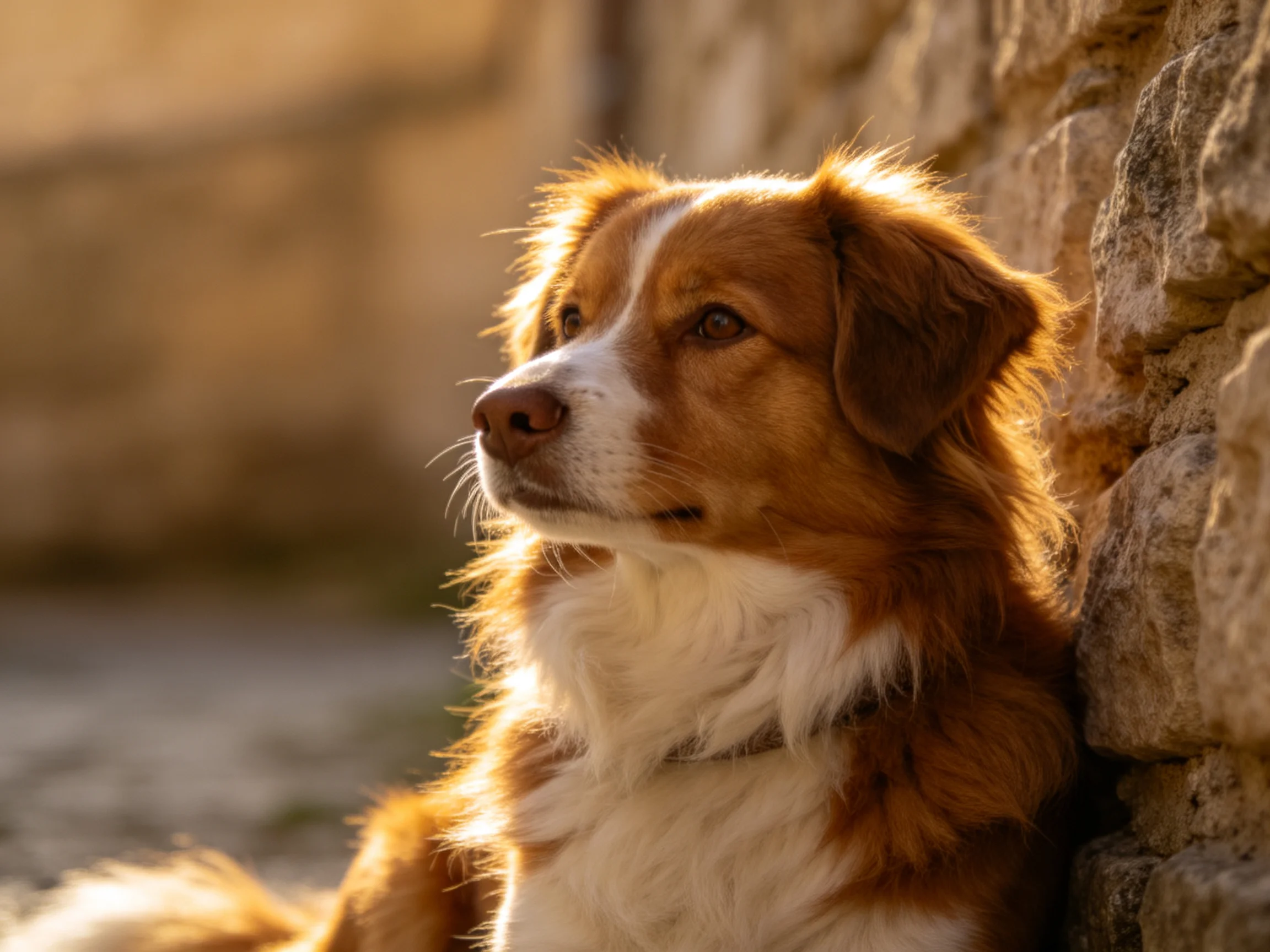 A brown and white dog rests against an aged stone wall in golden light