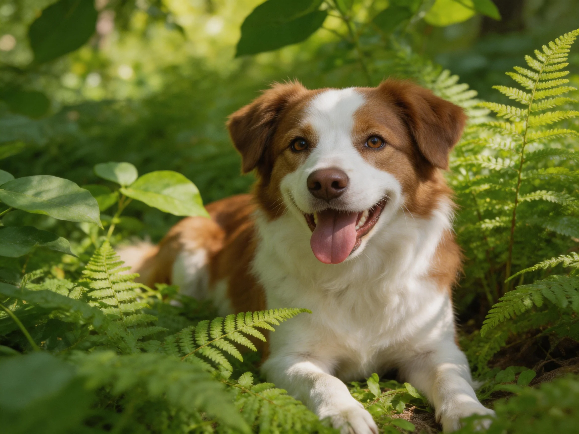 A brown-and-white dog relaxes among dense green vegetation in bright daylight.
