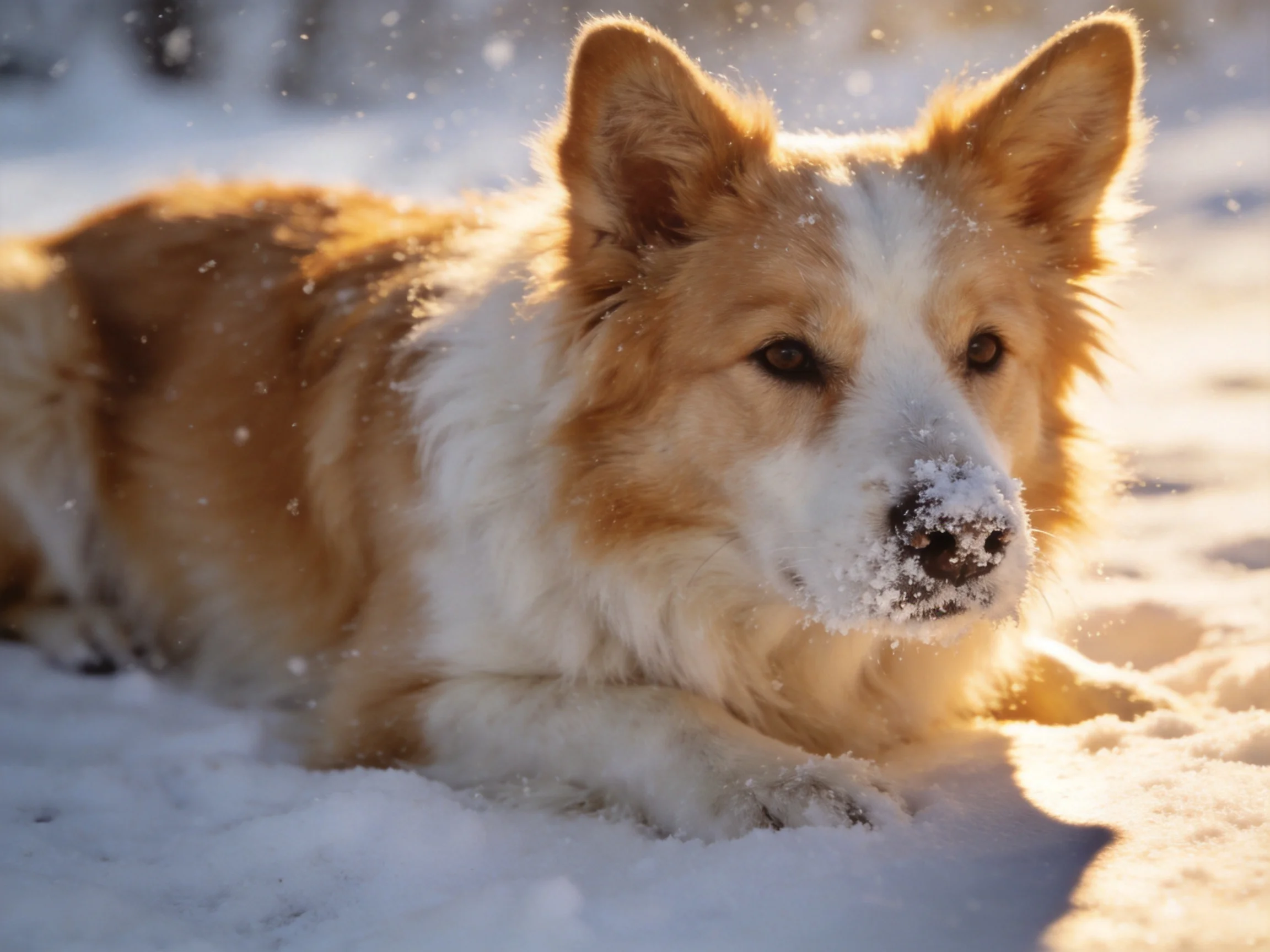 A brown and white dog lies peacefully in the snow with sunlight illuminating its fur.