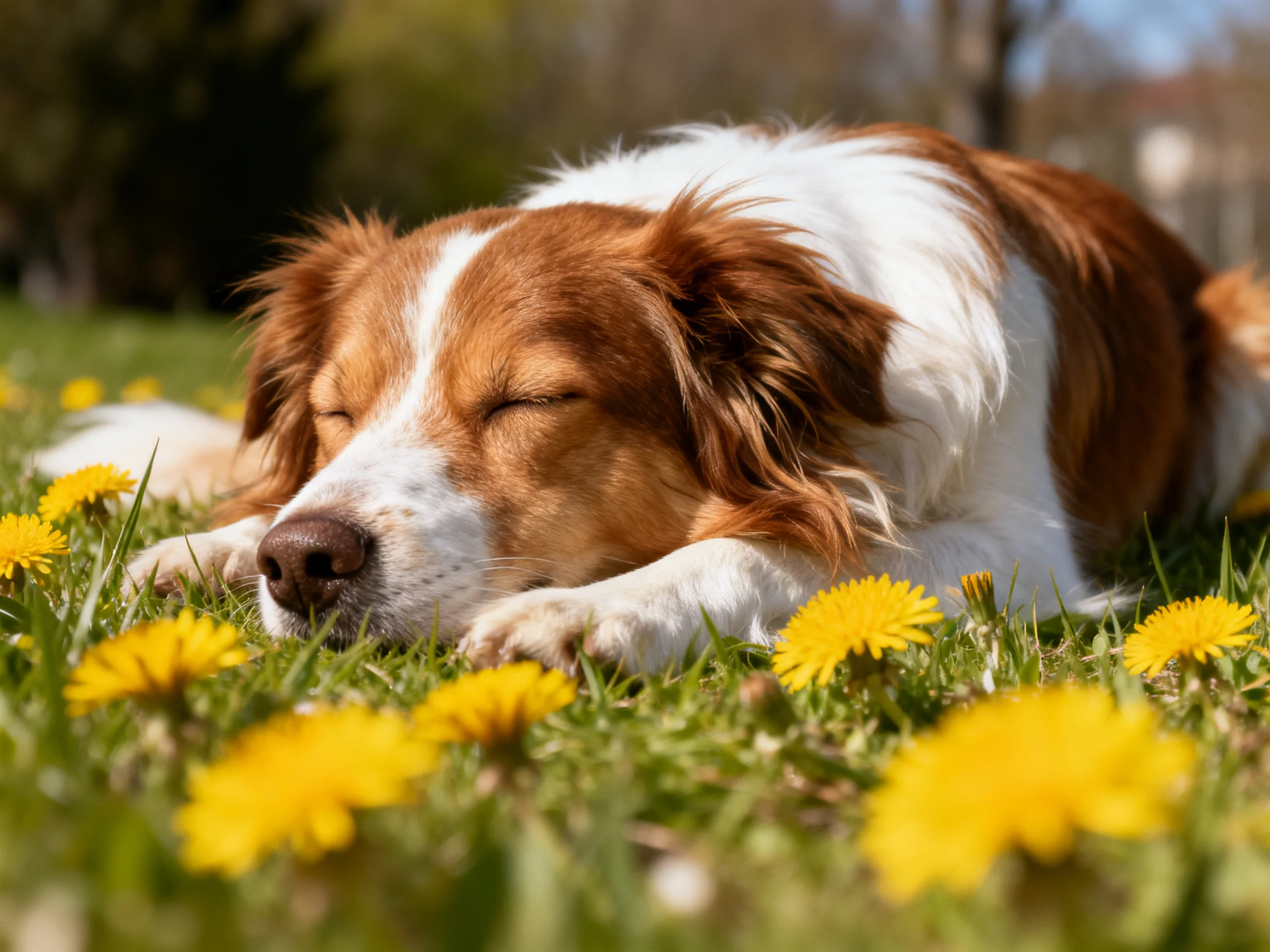 A brown and white dog rests among bright yellow dandelions on green grass