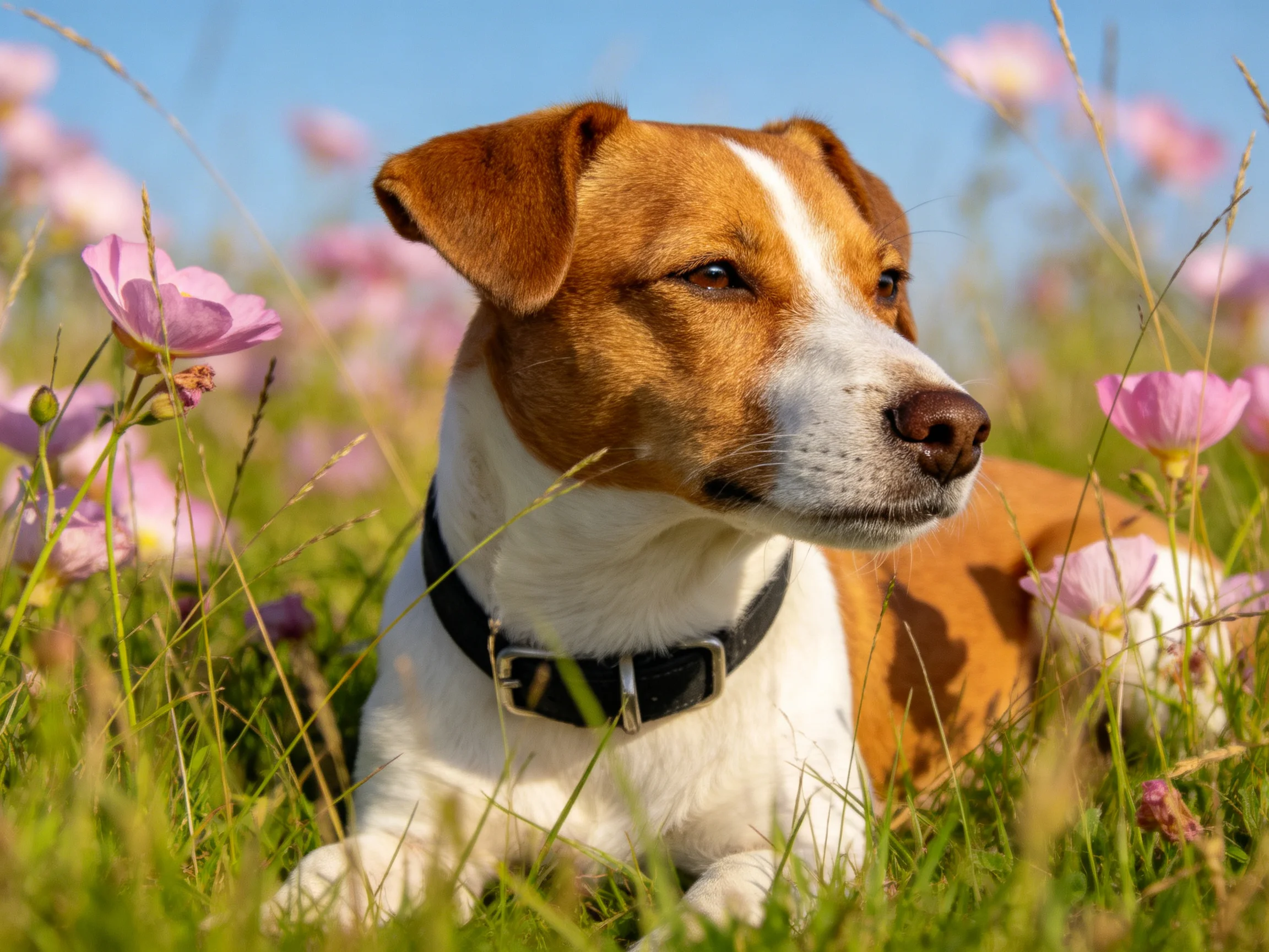 A brown and white dog rests among pink wildflowers in tall green grass