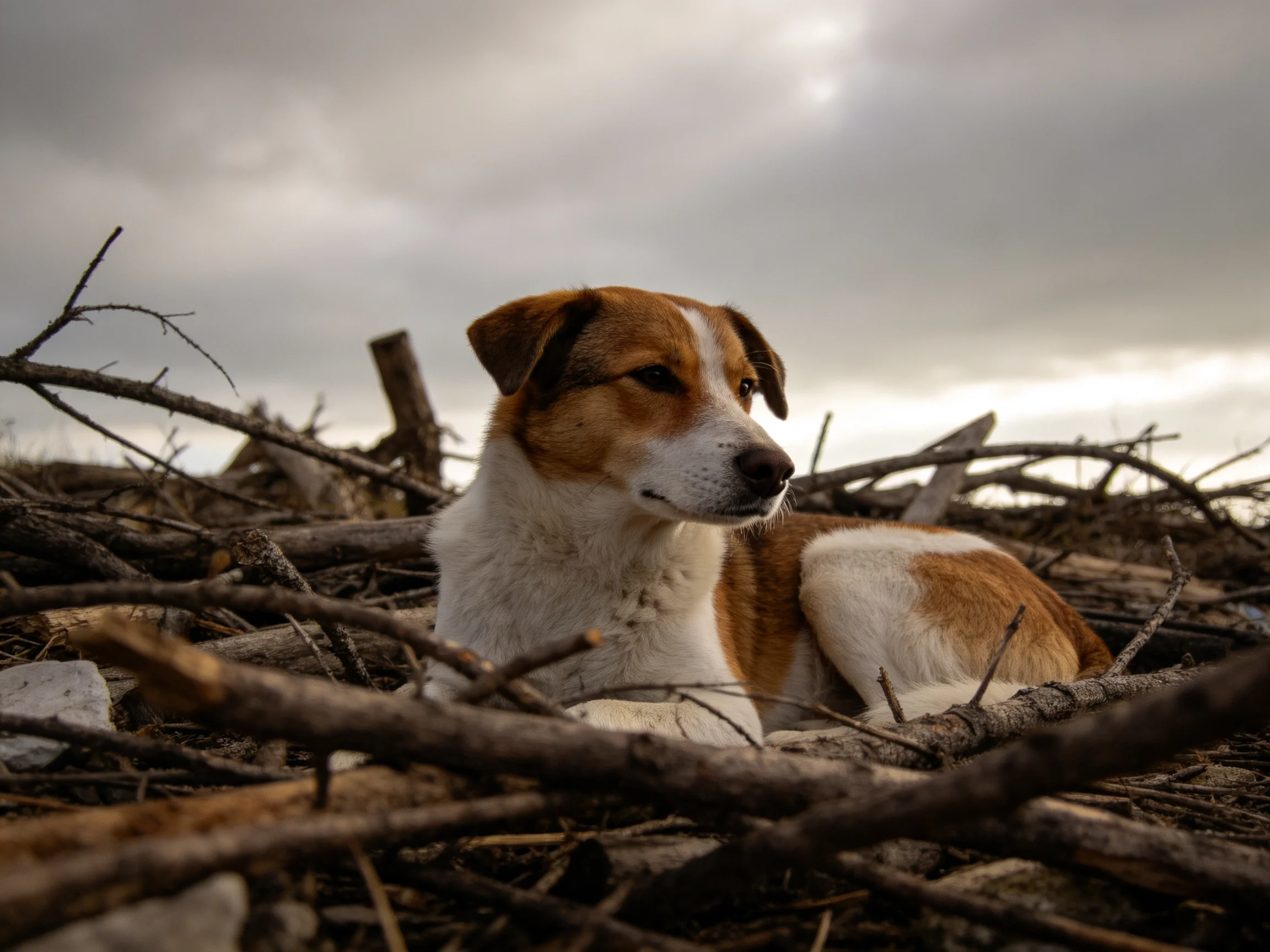 A brown-and-white dog rests among tangled dark branches under a cloudy sky