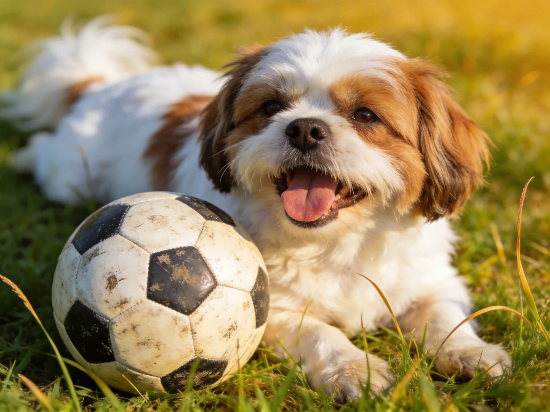 A brown and white dog rests beside a dirty black-and-white soccer ball on green grass