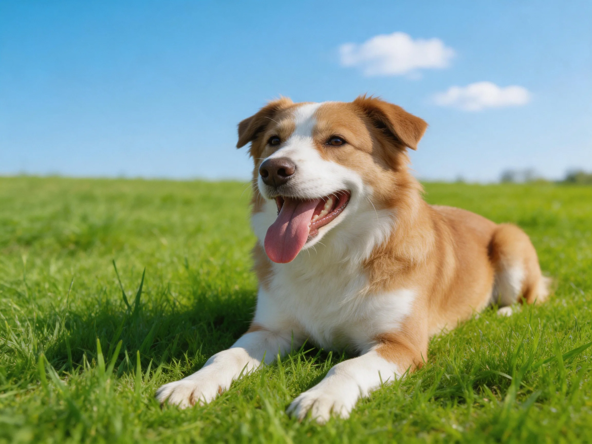 A brown and white dog rests contentedly on lush green grass under clear blue sky