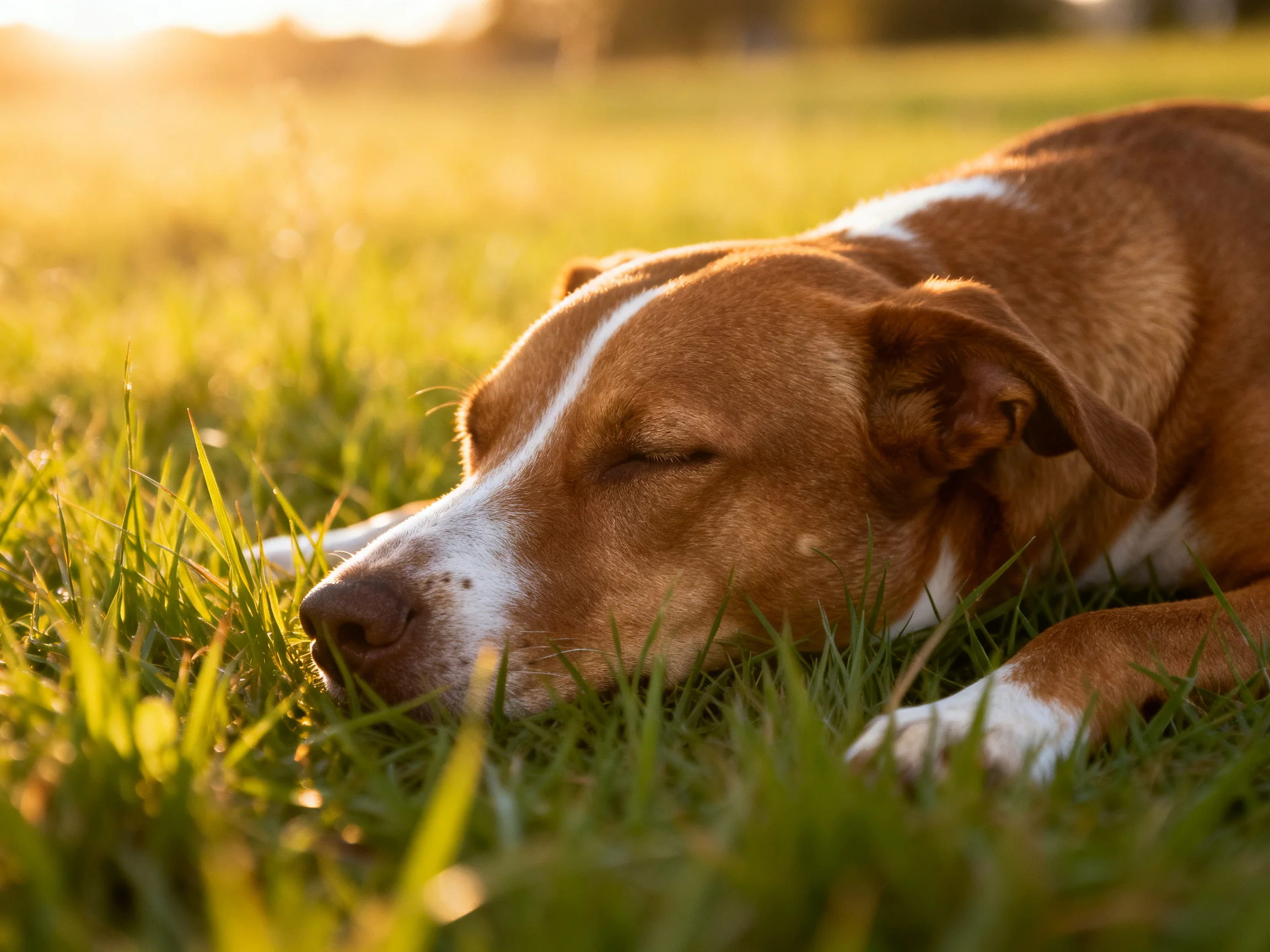 A brown and white dog sleeps on grass in a sunlit field.