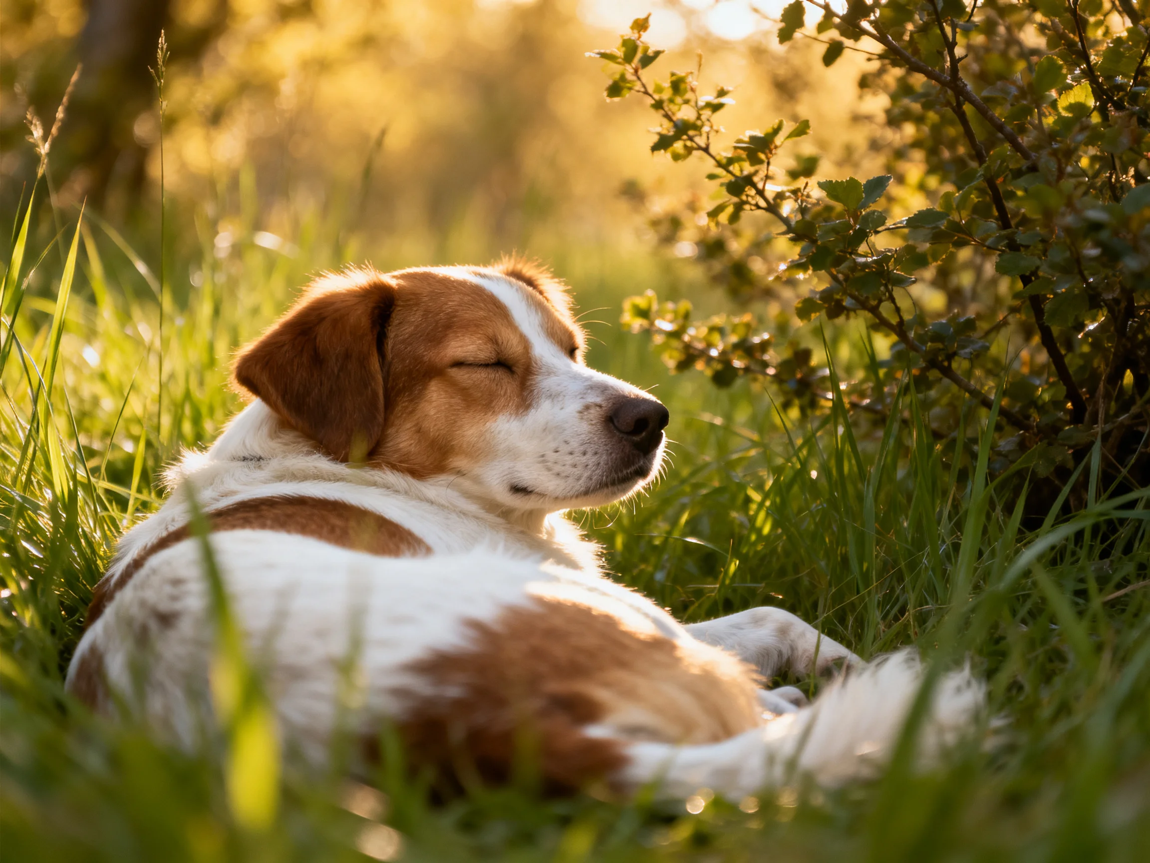 A brown-and-white dog relaxes in sunlit tall grass.
