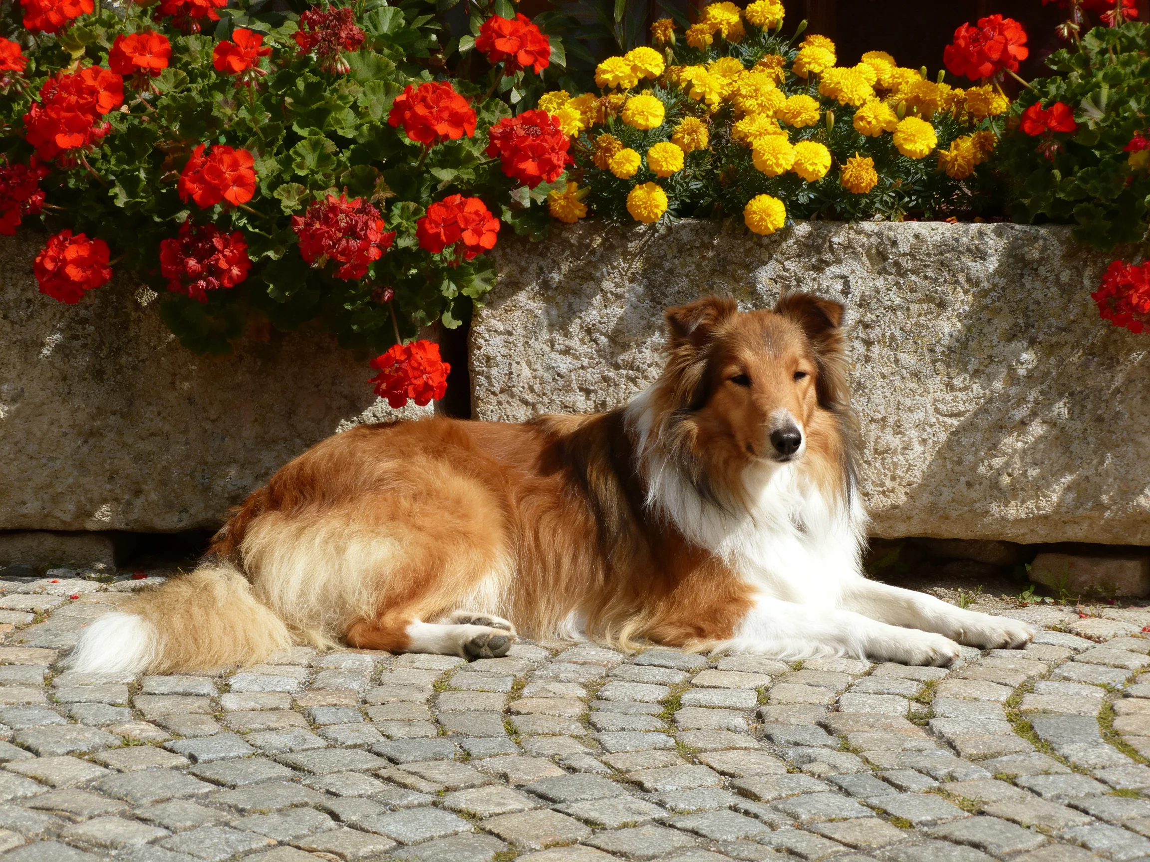 A dog rests on cobblestones next to colorful flower arrangements.