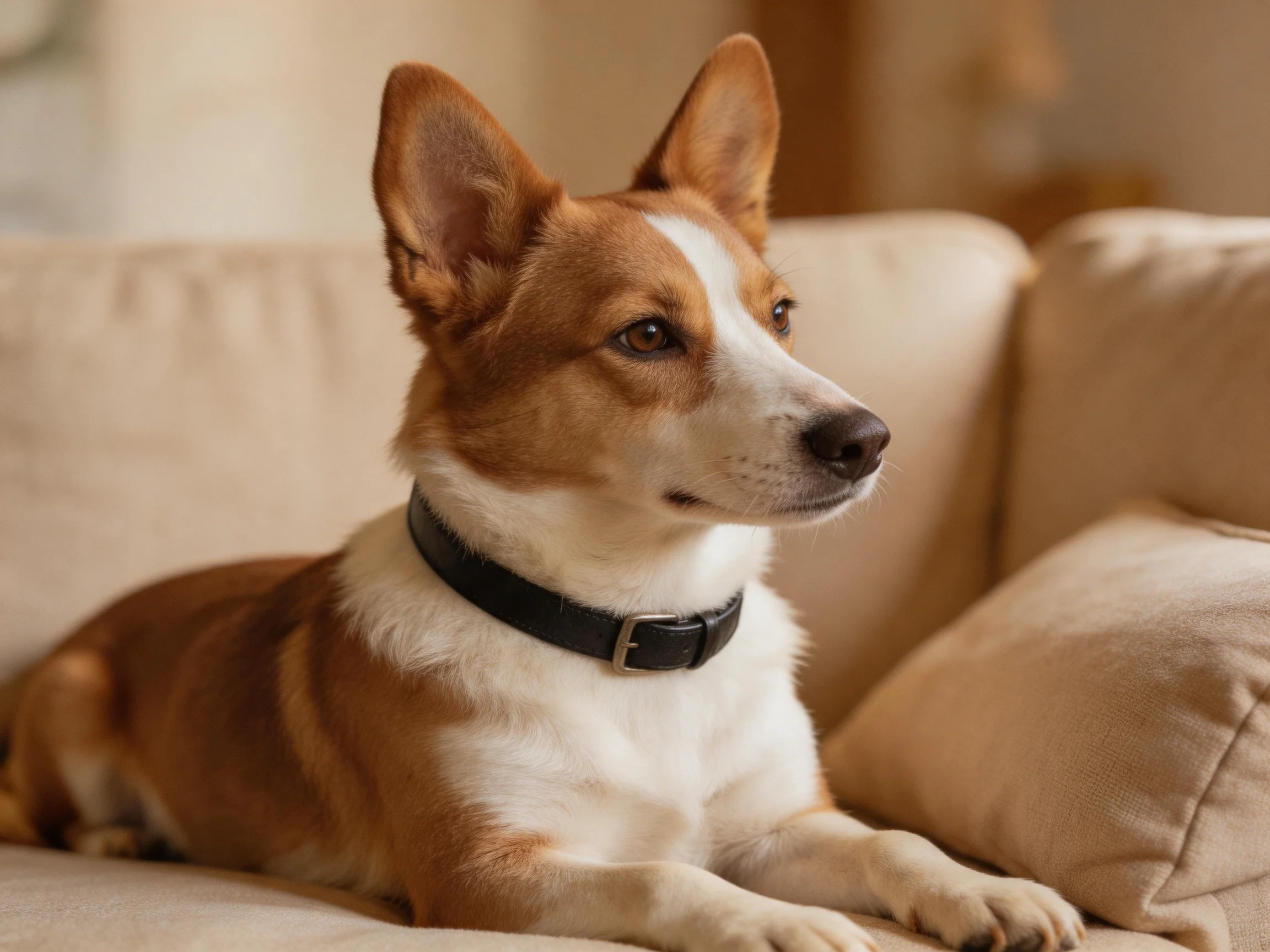 A brown and white dog relaxes on a beige sofa.