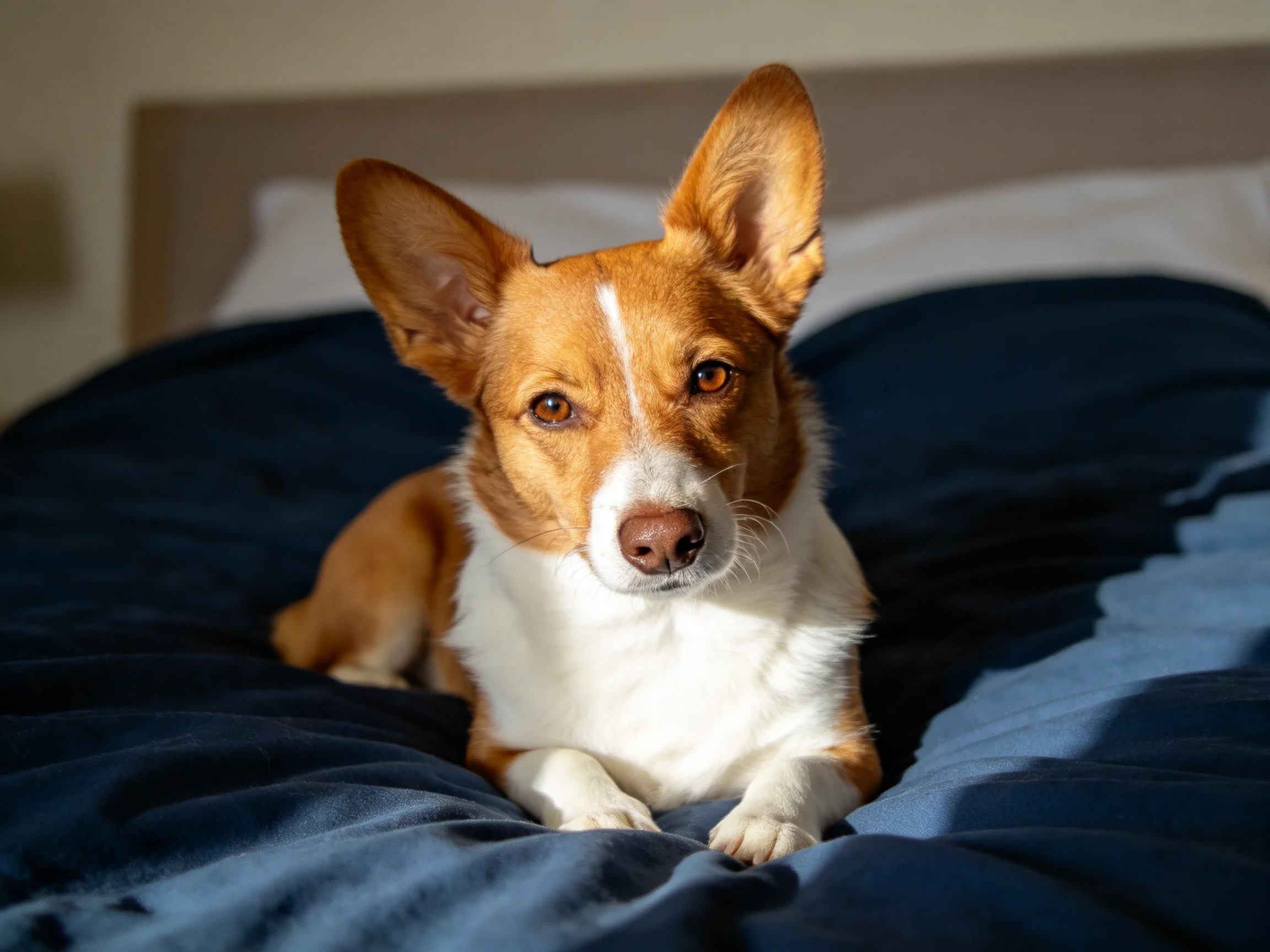 A brown and white dog relaxes on a dark blue bed near pillows