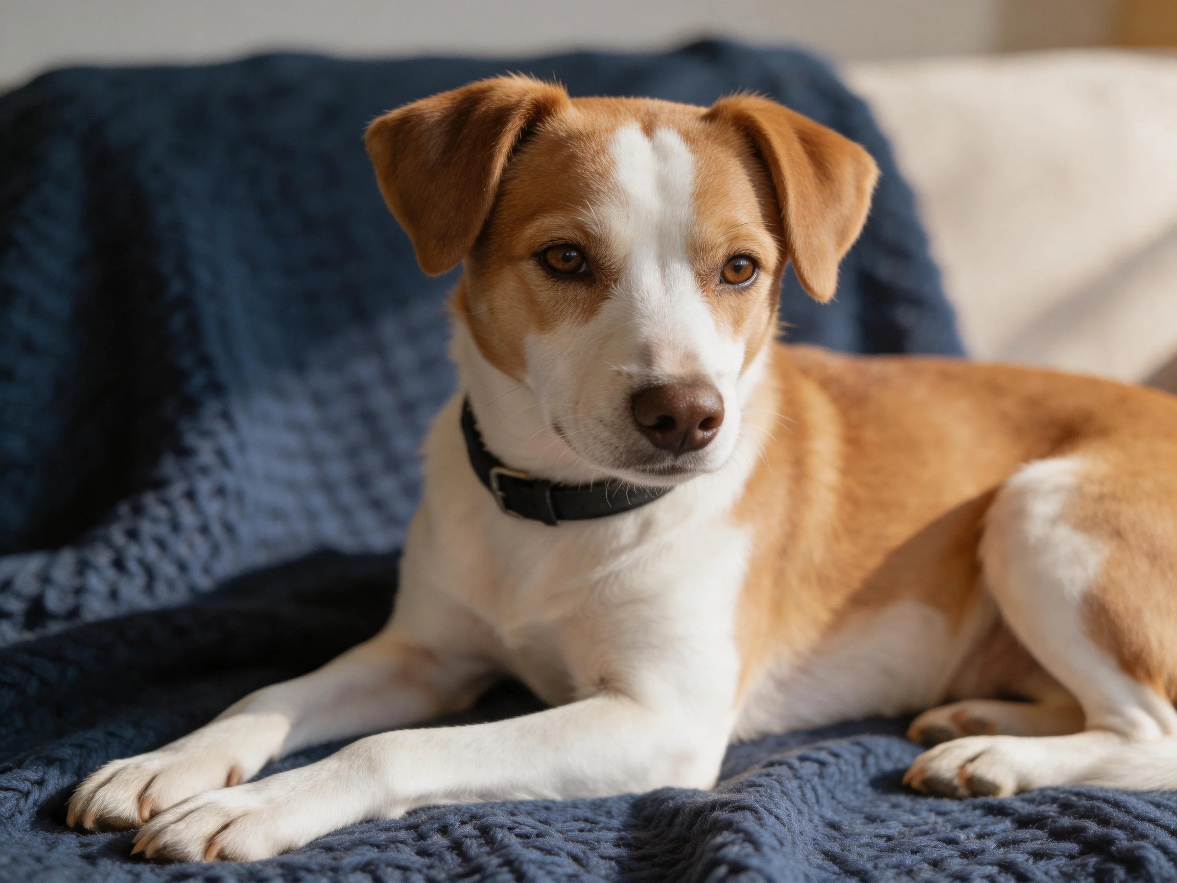 A brown and white dog lies calmly on a dark blue blanket.