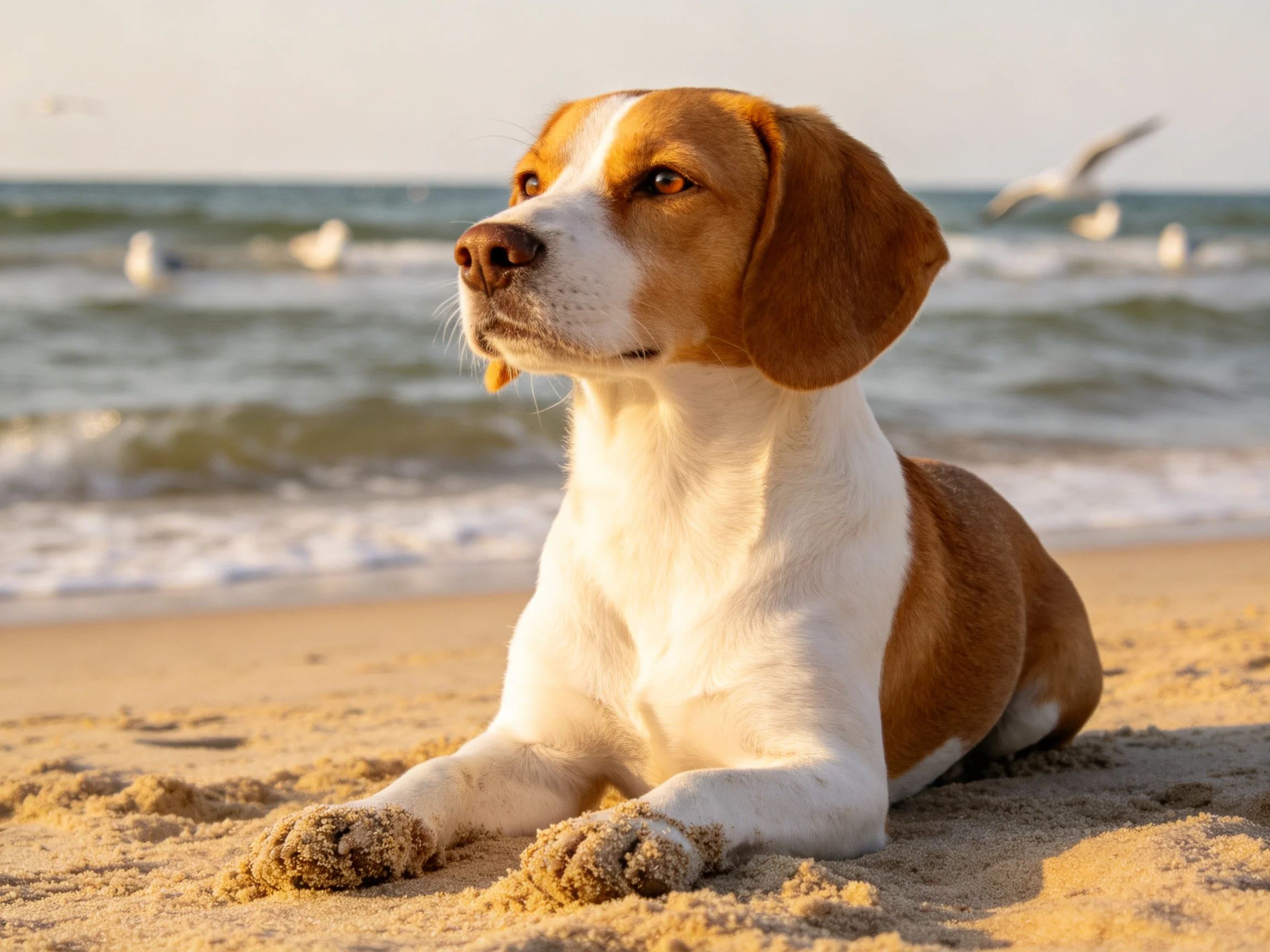 A brown-and-white dog sits peacefully on a sandy beach next to the ocean