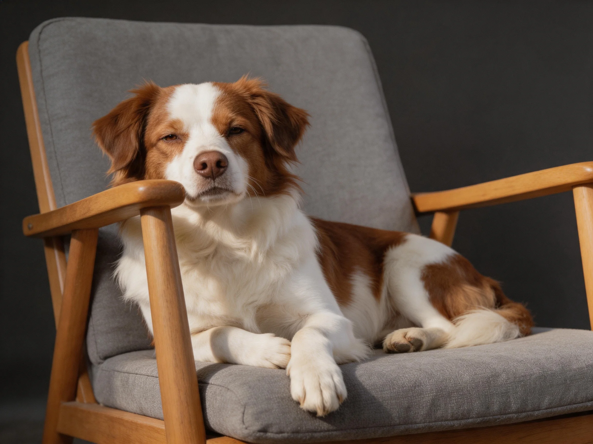 A brown and white dog relaxes on a gray upholstered wooden chair.