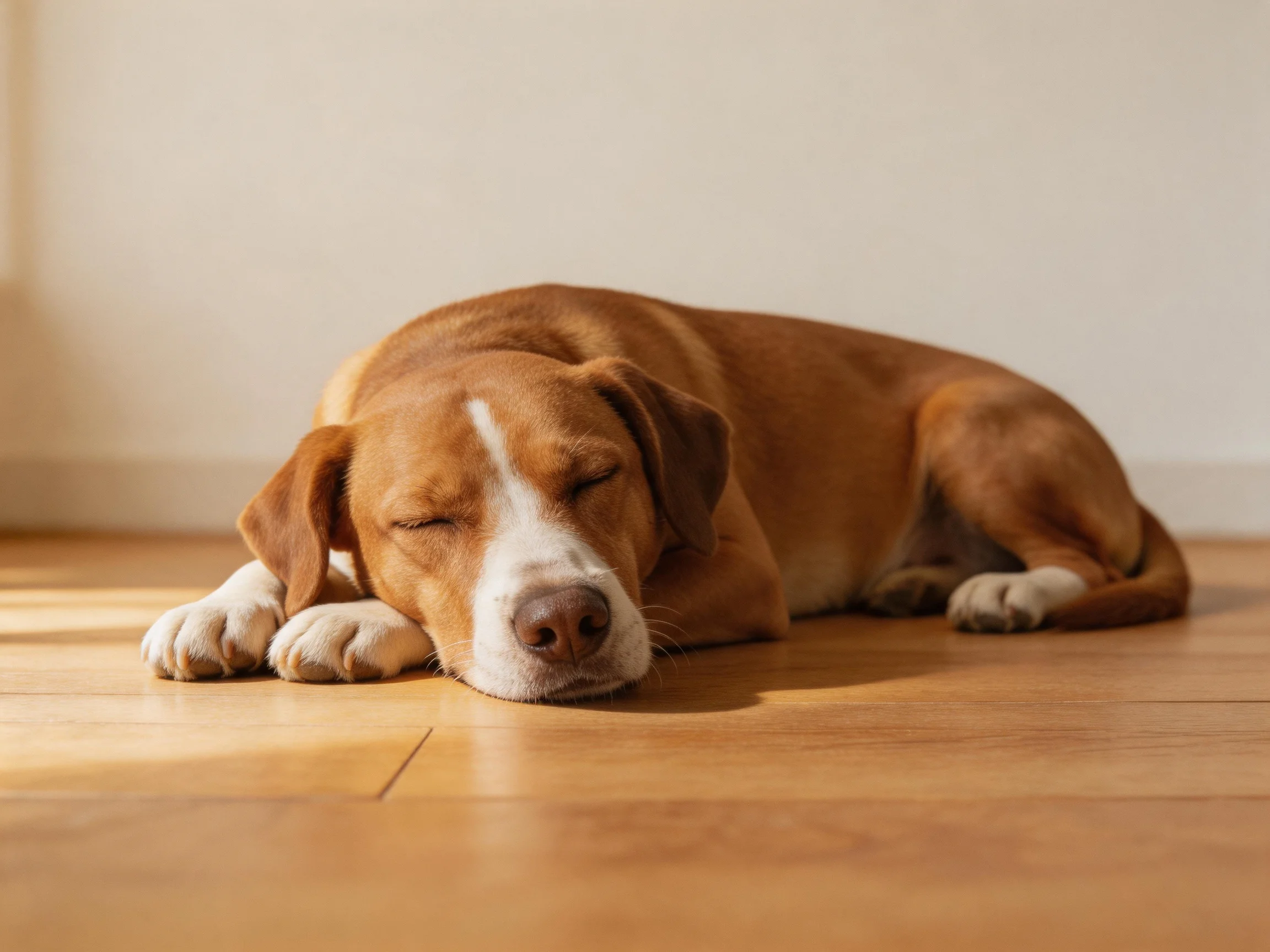 A brown and white dog rests on a polished wooden floor