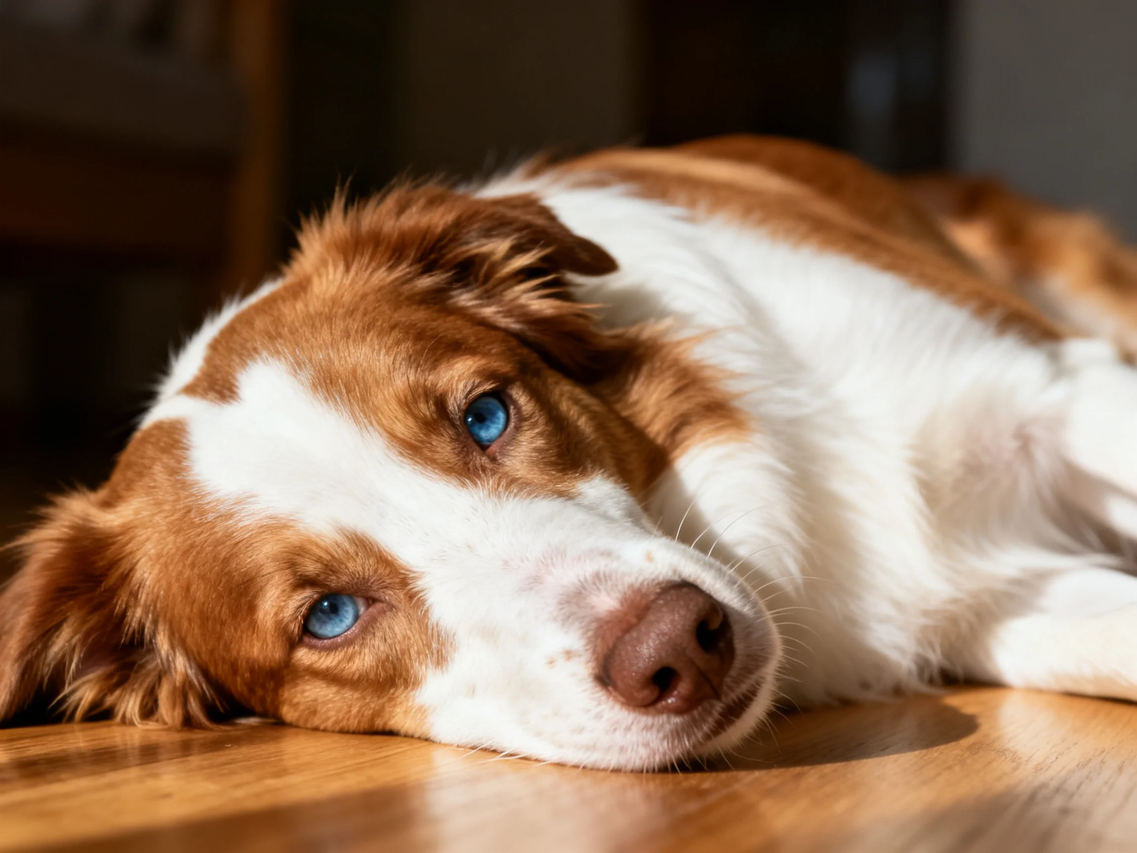 A brown and white dog rests on a polished wooden floor